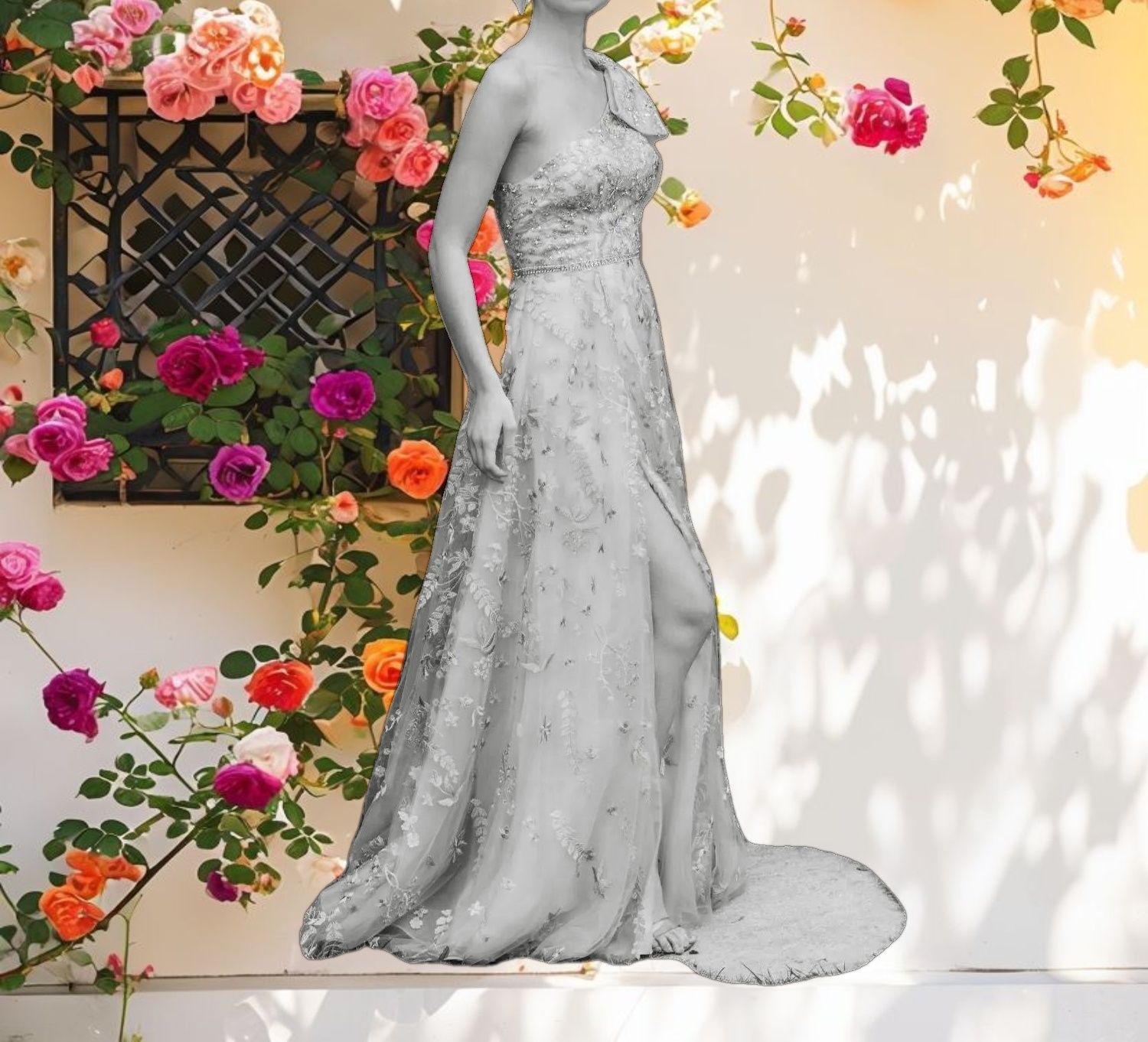 Green Embellished Bow One Shoulder A Line Gown