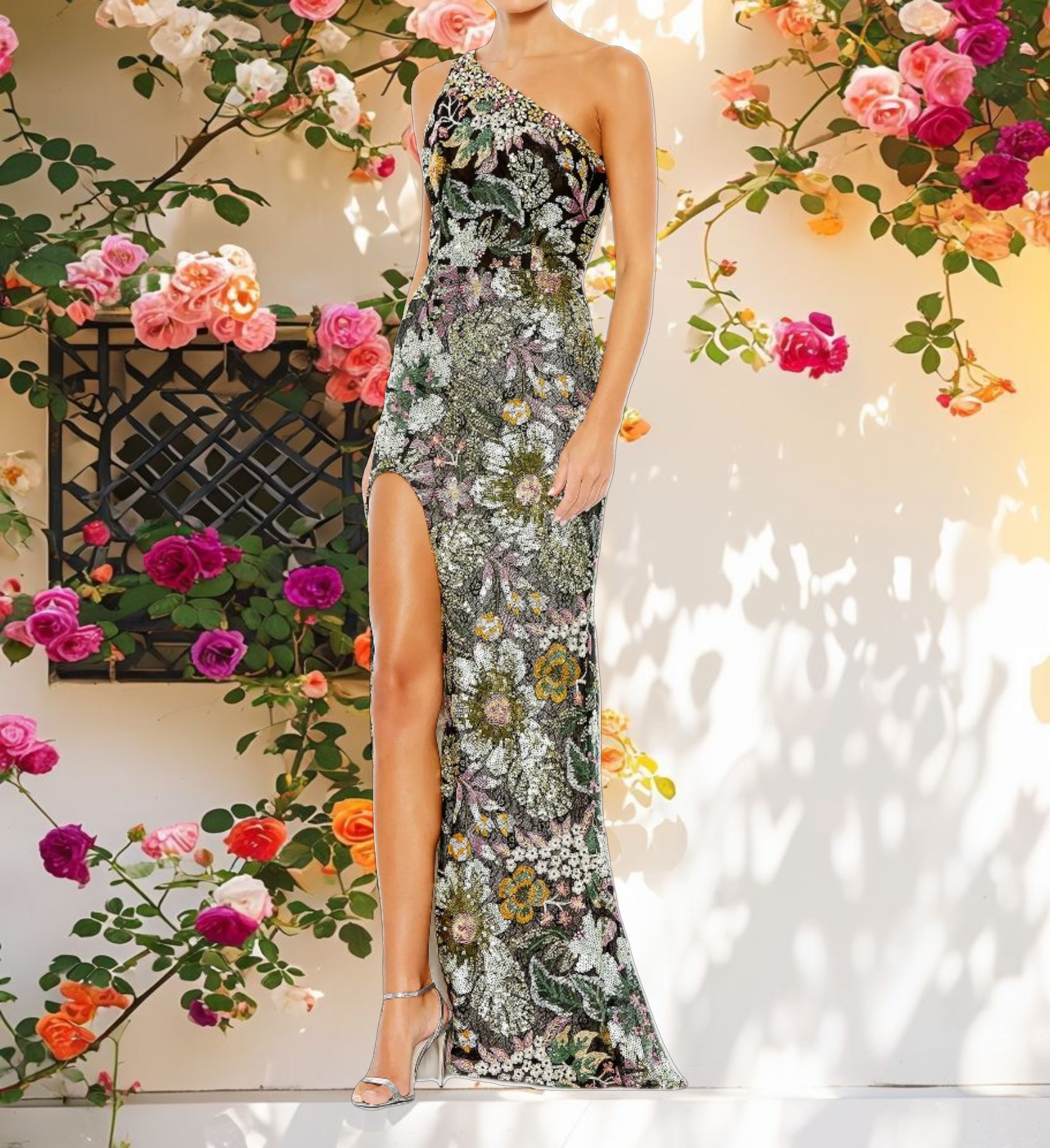 Floral Sequined Embroidered One Shoulder Trumpet Gown