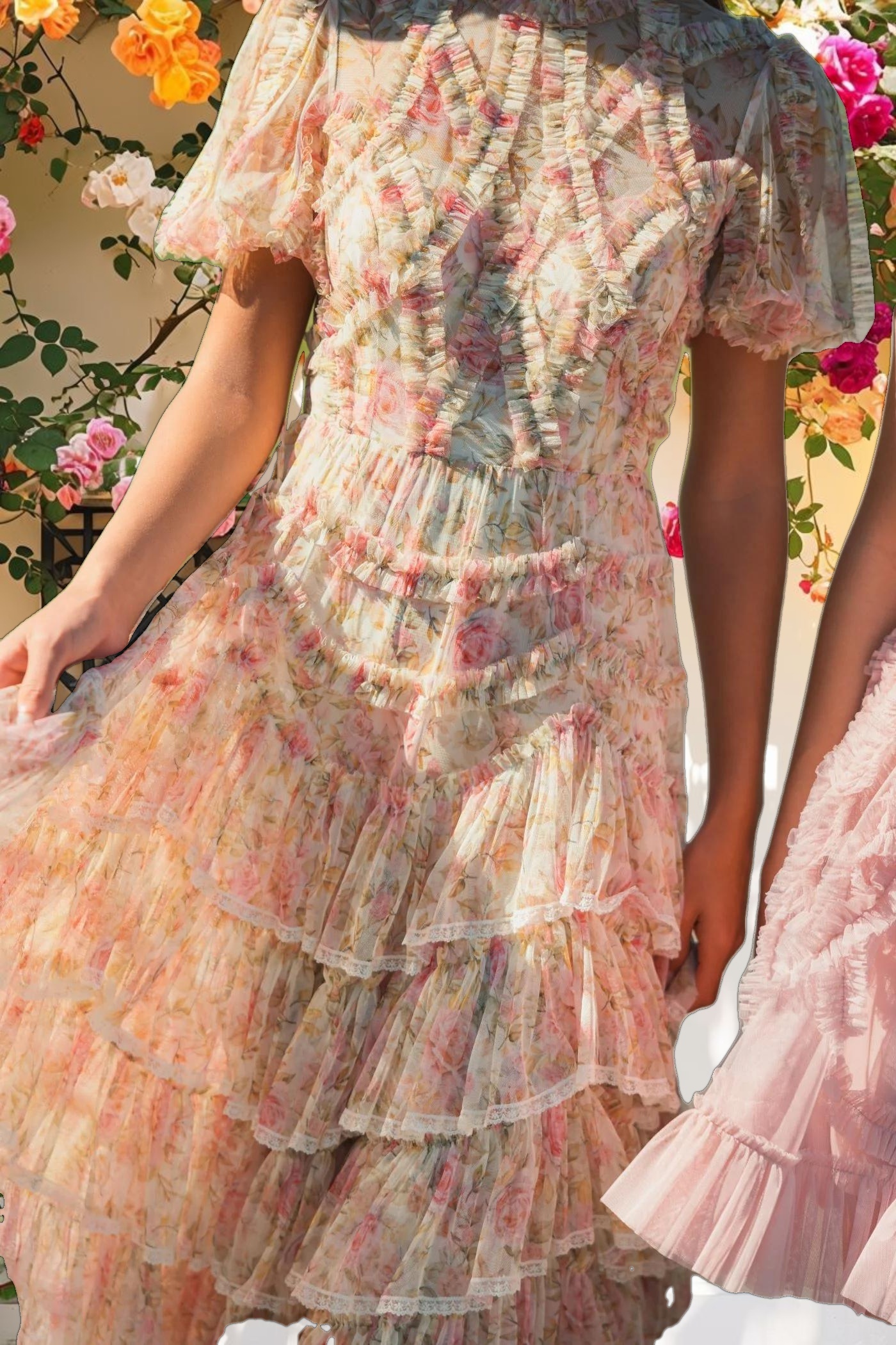 Beige Lace Trim Printed Mesh High Neck Midi Dress