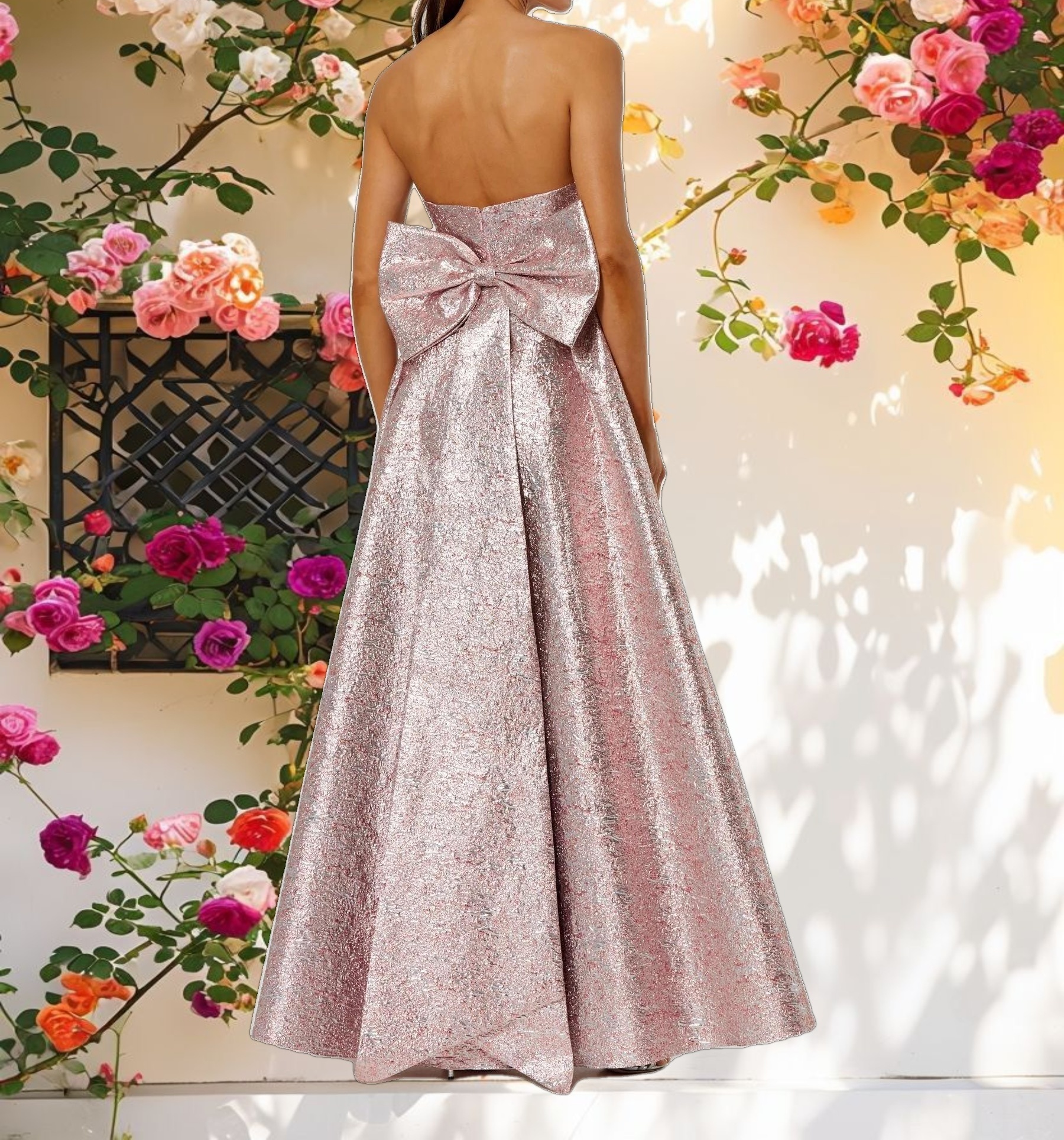 Metallic Brocade Gown With Oversized Bow