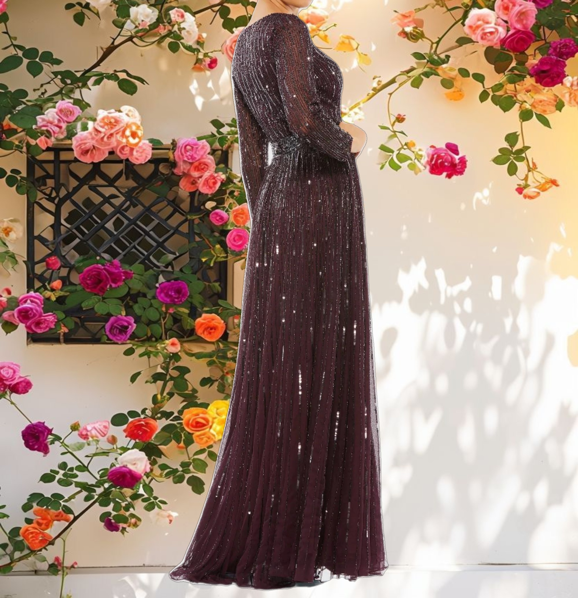 Pink Sequined V Neck Illusion Sleeve A Line Gown