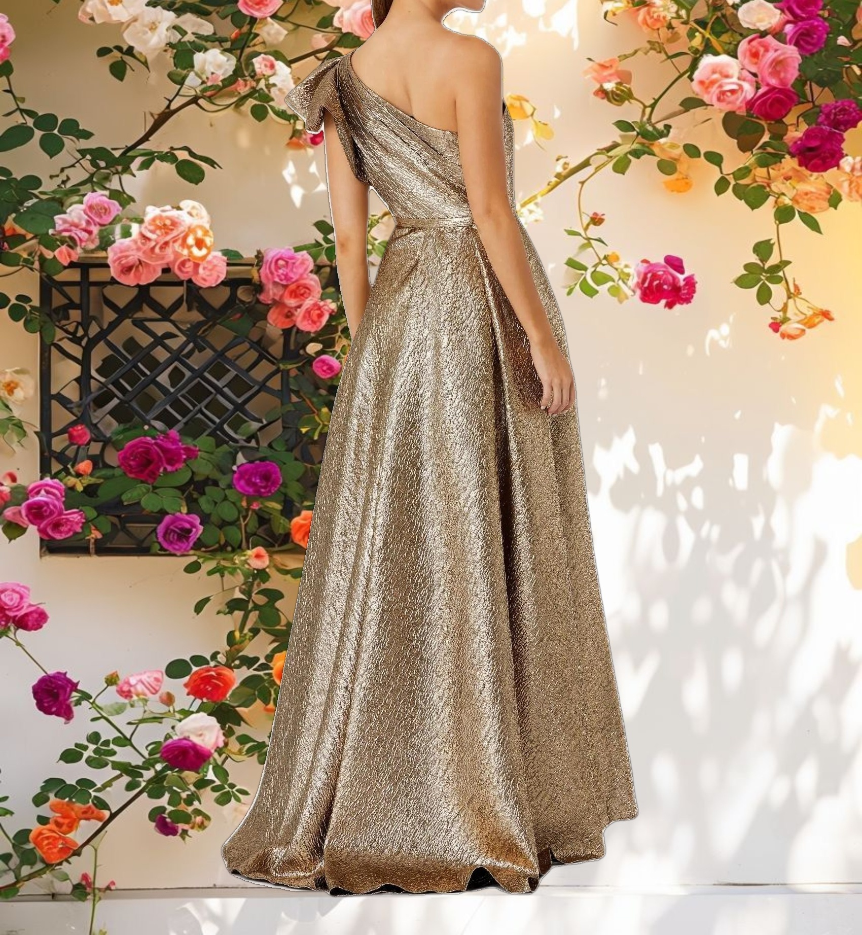 Gold One Shoulder Metallic Ballgown