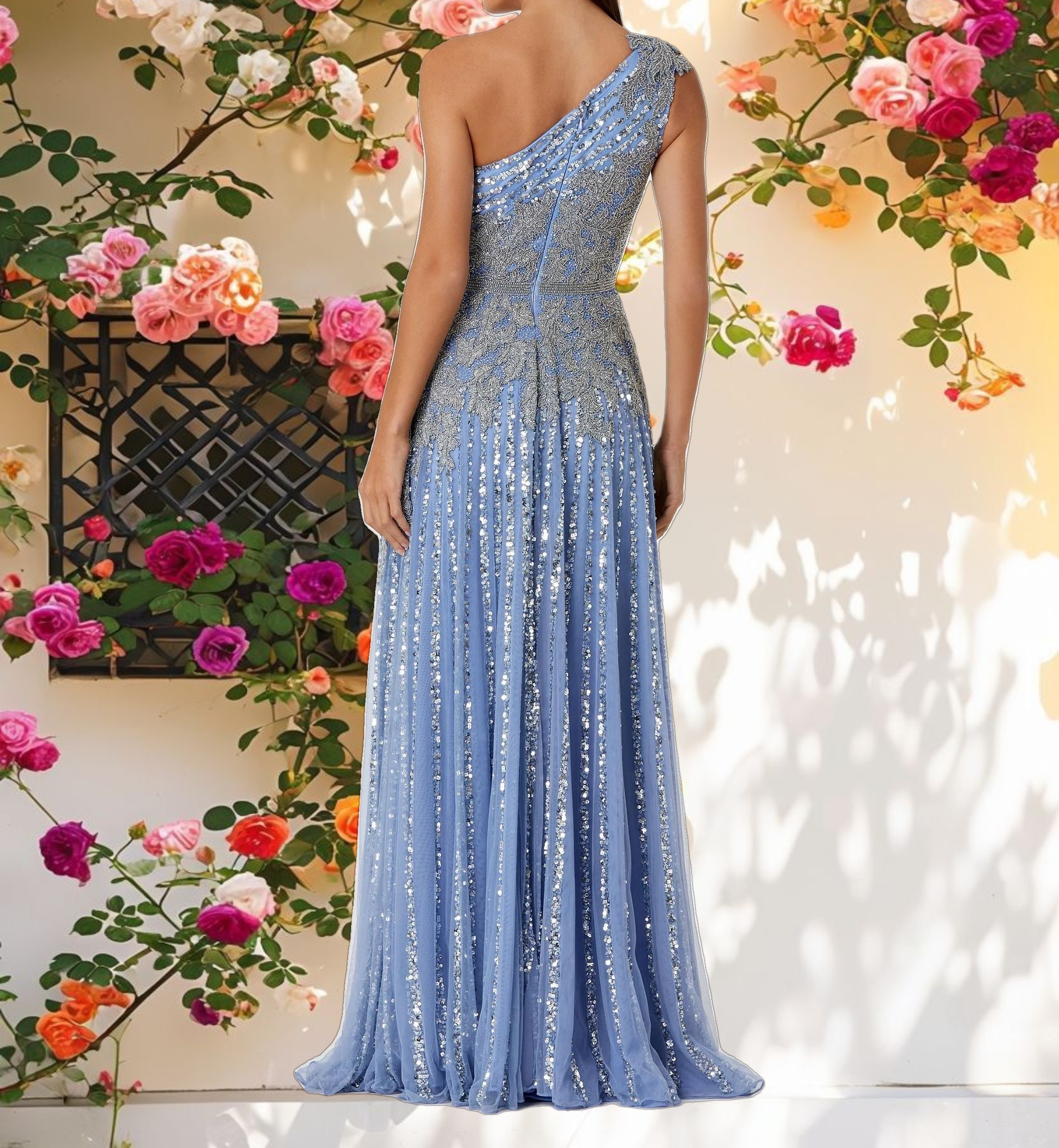 Studded One Shoulder A Line Gown