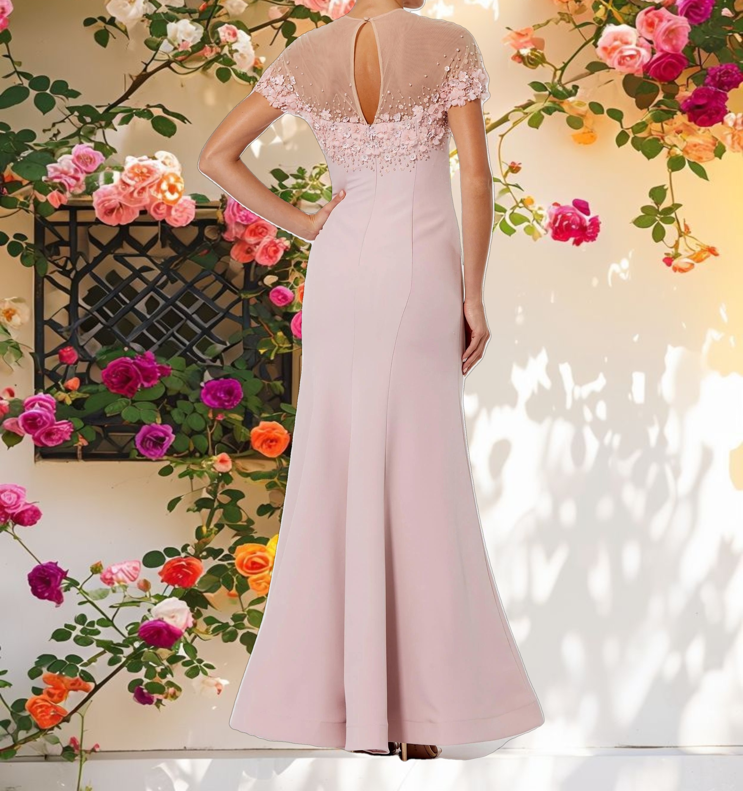 Pink Mermaid Crepe Gown With Beaded Illusion Neck