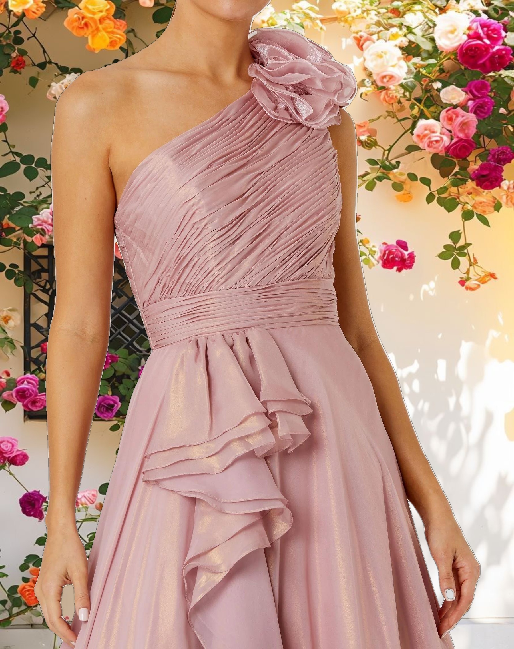 Iridescent One Shoulder Rosette Ball Gown