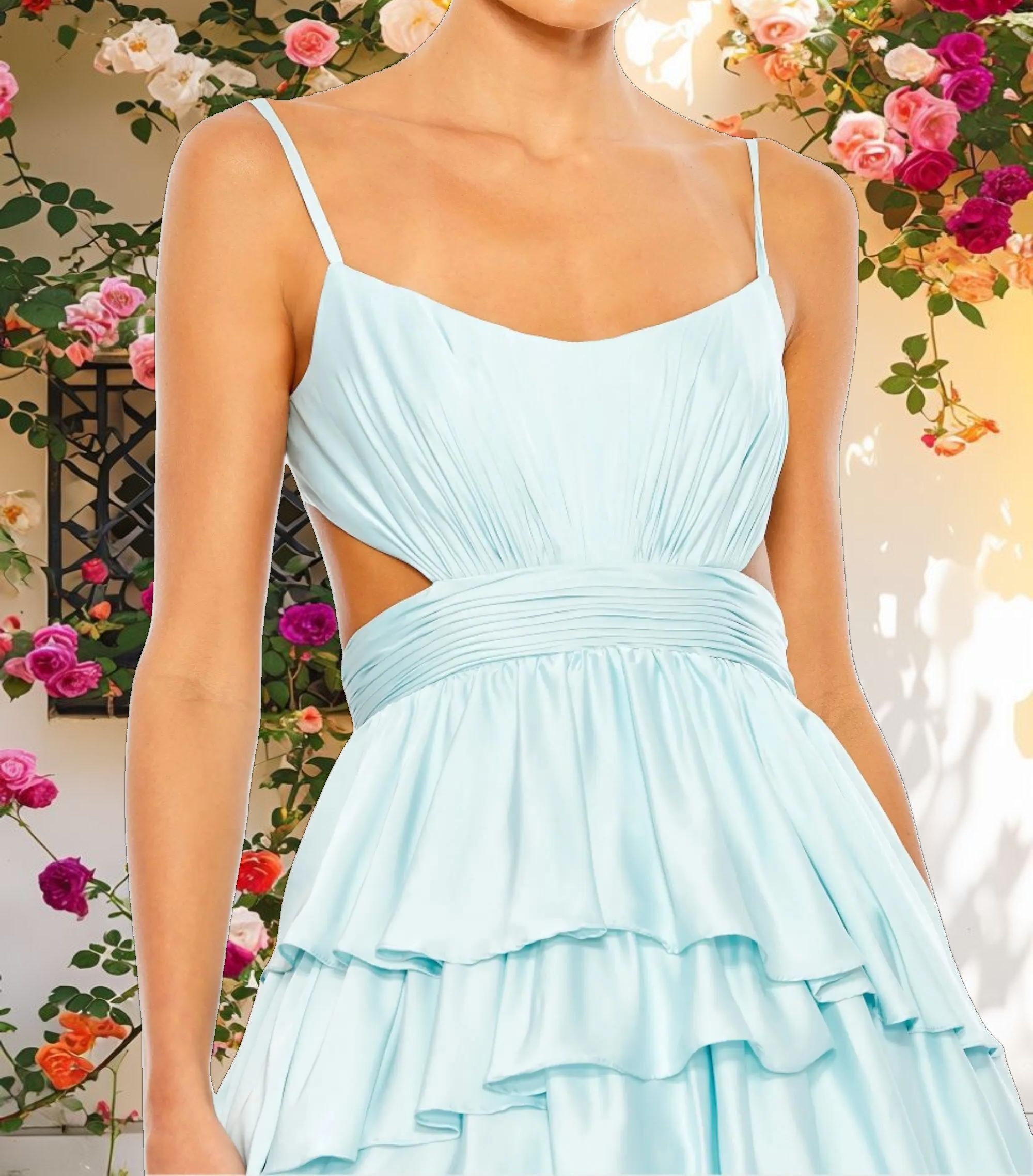 Blue Ruffle Tiered Cut Out Sleeveless Ballgown