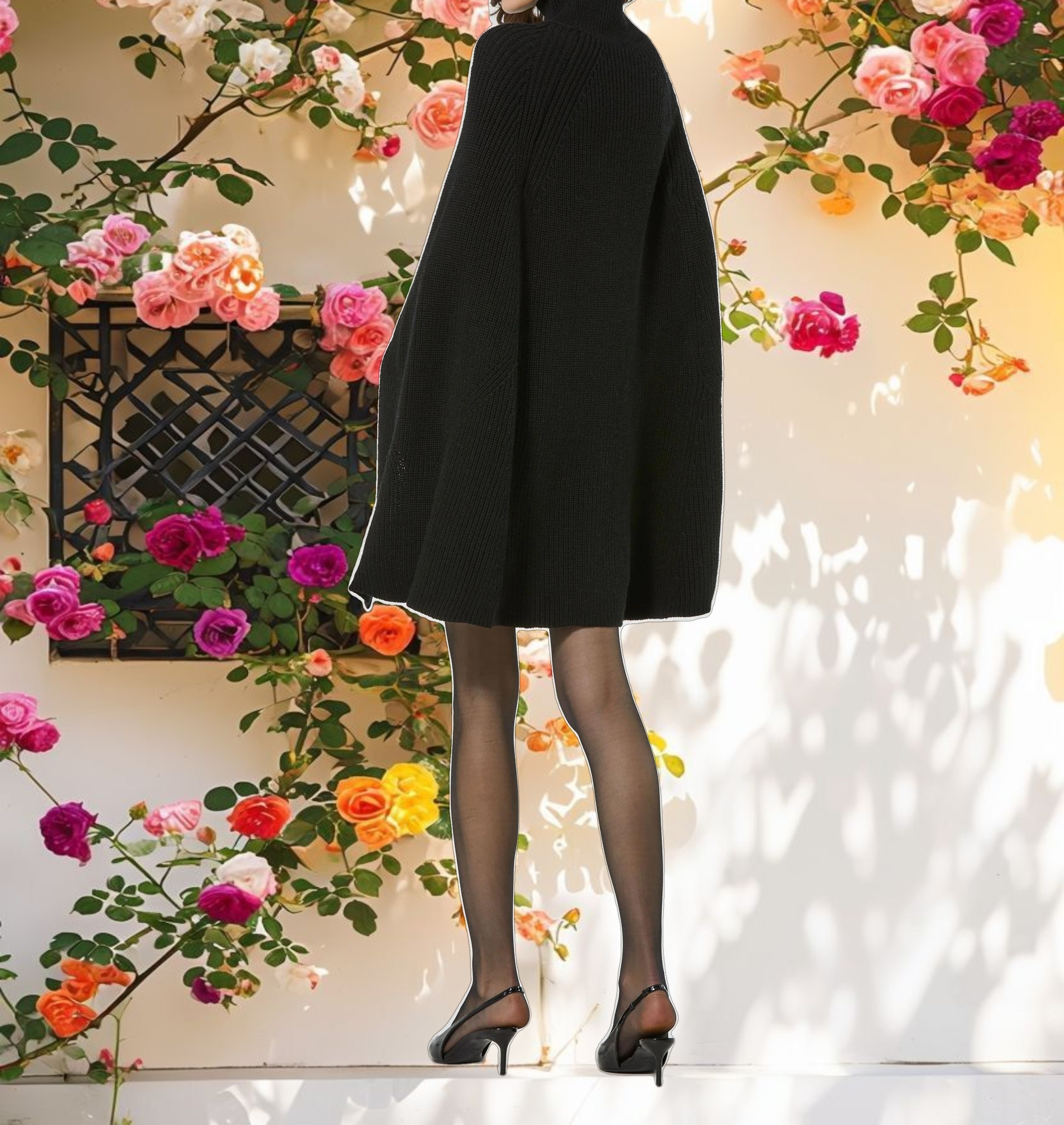 Black Turtle Neck Knit Cape Mini Dress