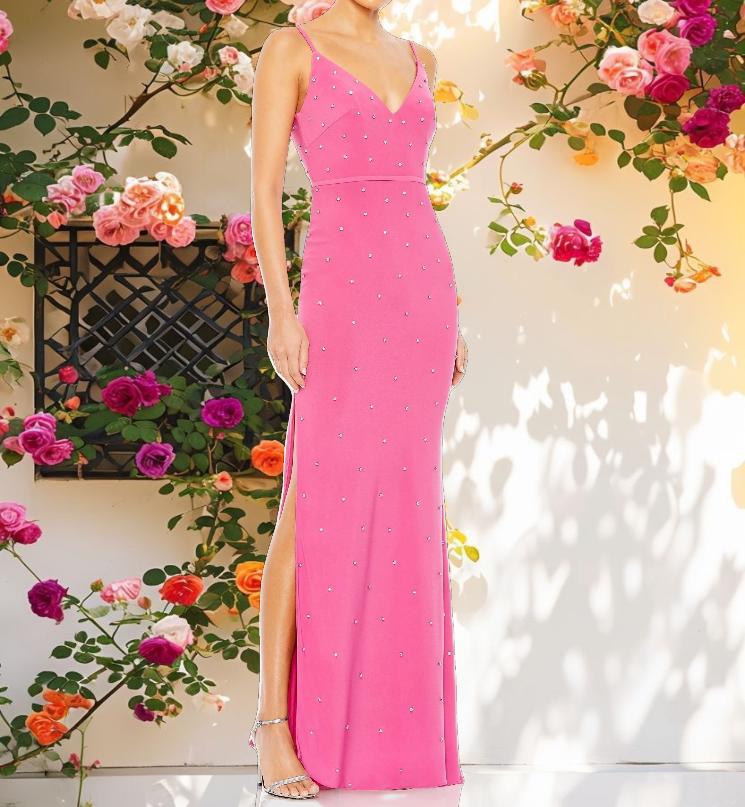 Pink Rhinestone Embellished V Neck Gown