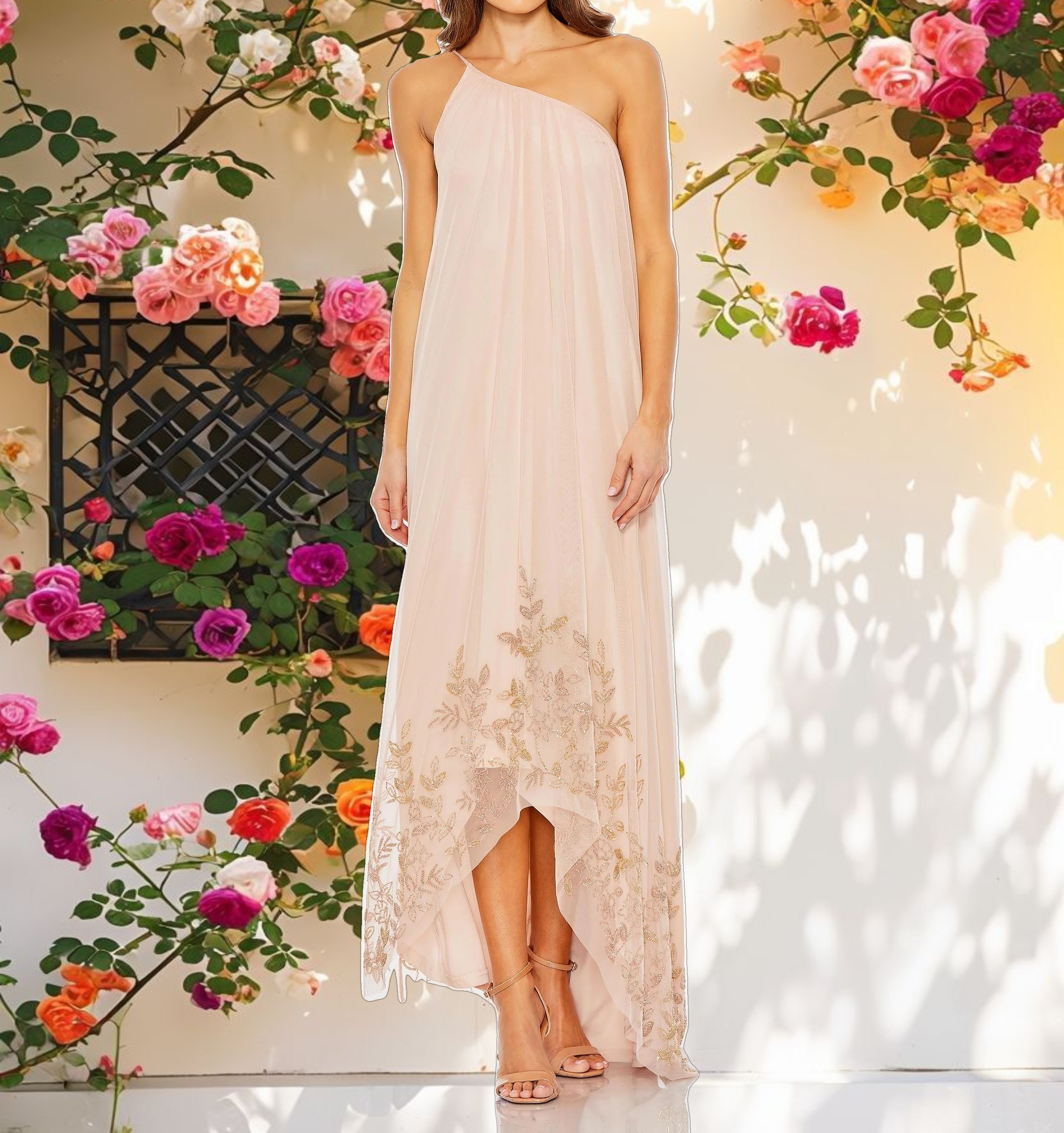 Flowy One Shoulder Beaded Evening Dress