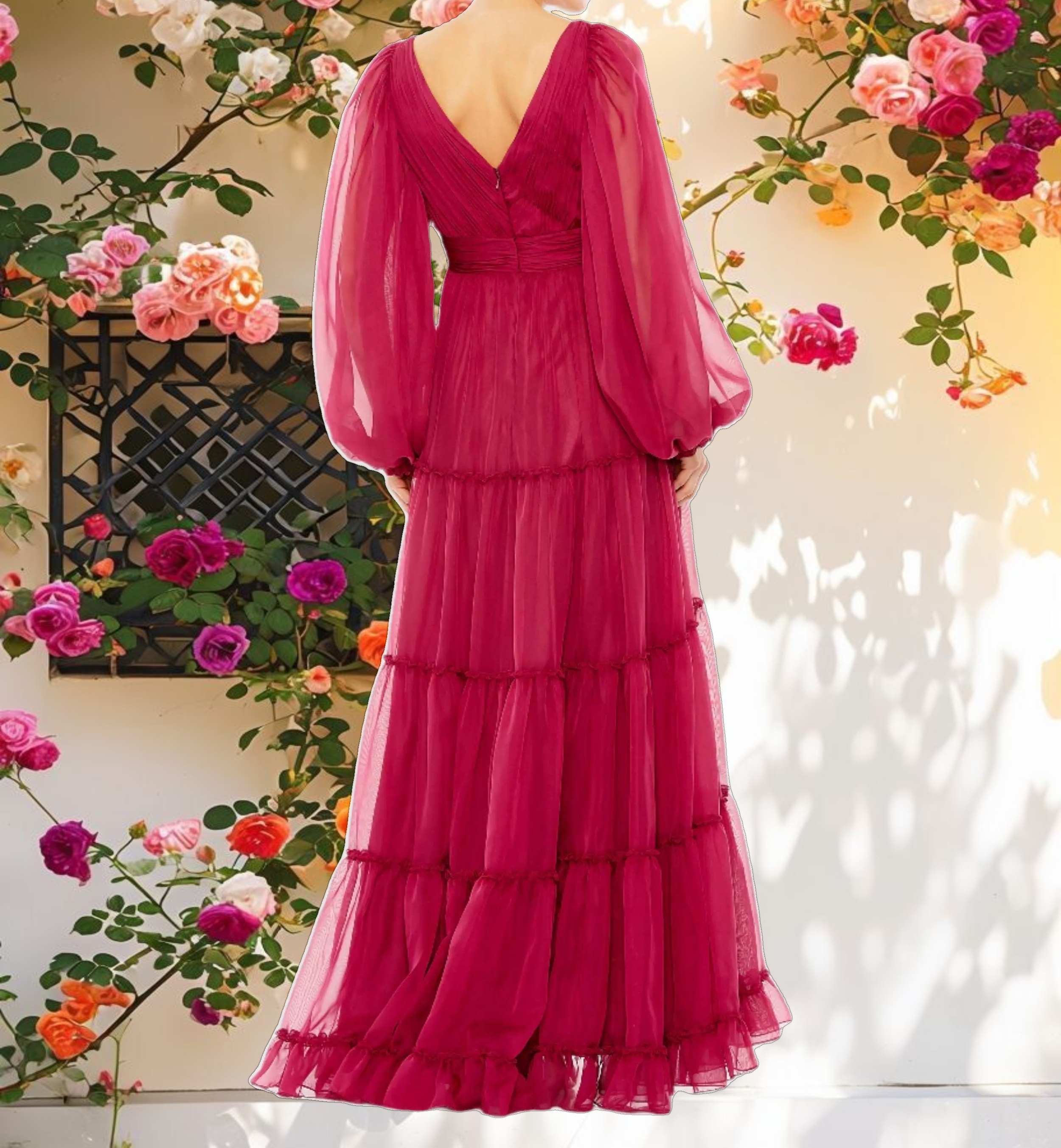 Ruffle Tiered Puff Sleeve A Line Gown