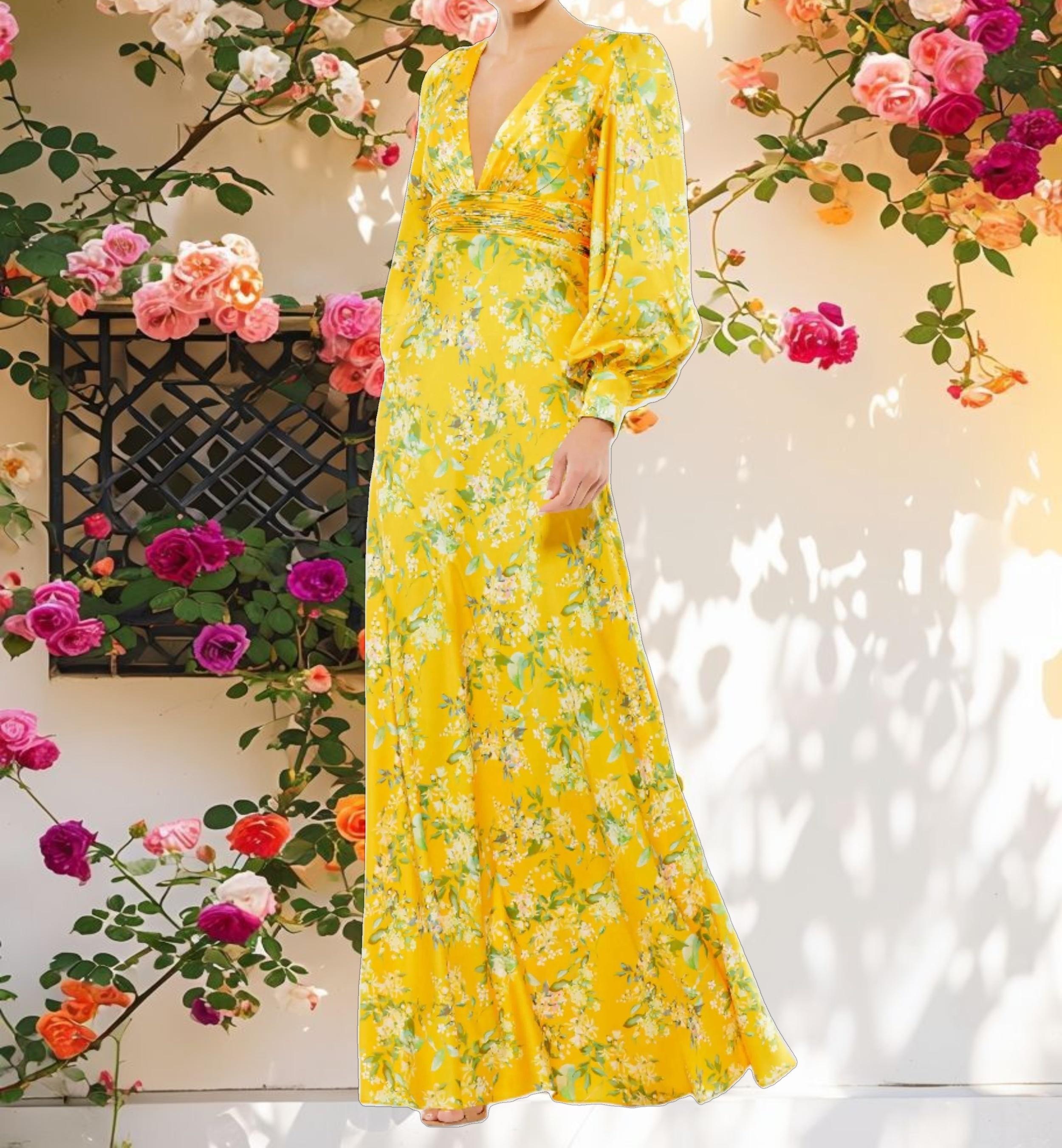 Floral Bishop Long Sleeve V Neck Gown