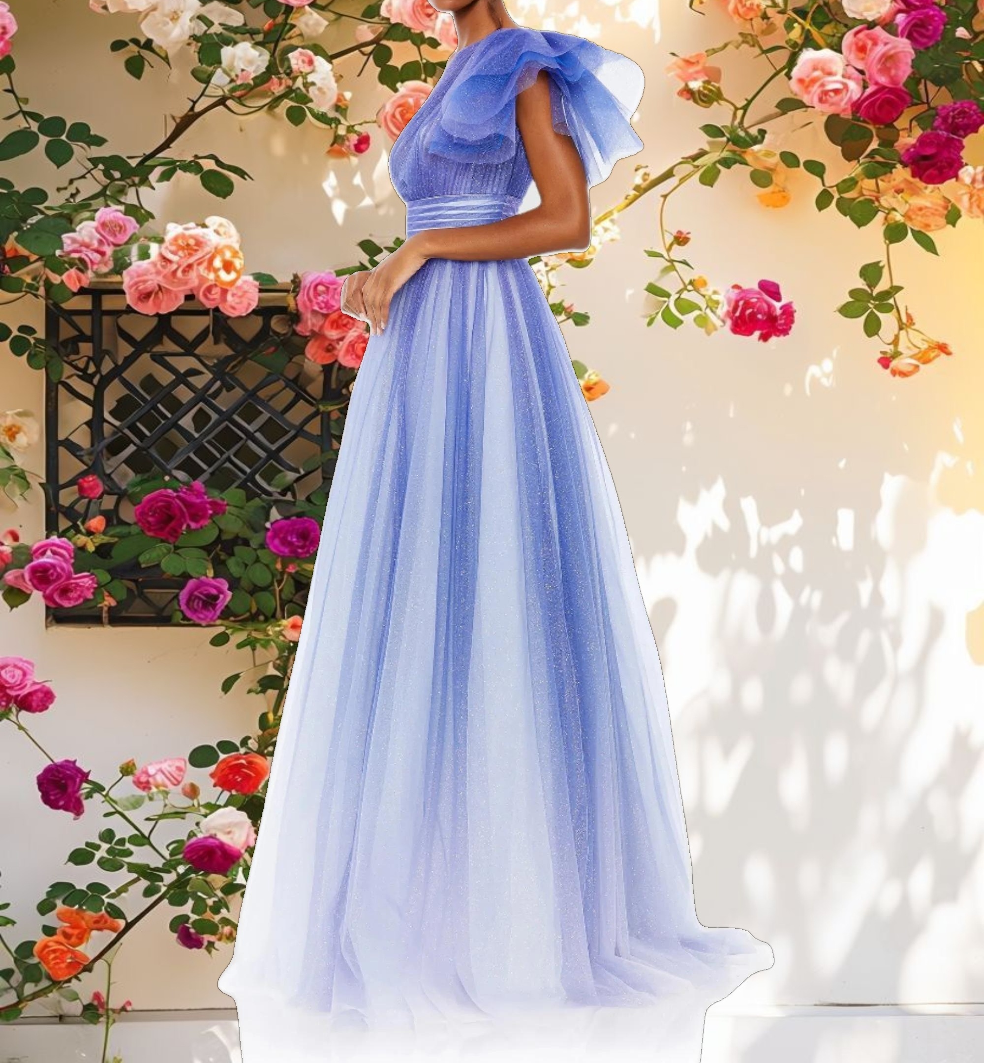 Blue Glitter Ombre Ruffled One Shoulder Ballgown