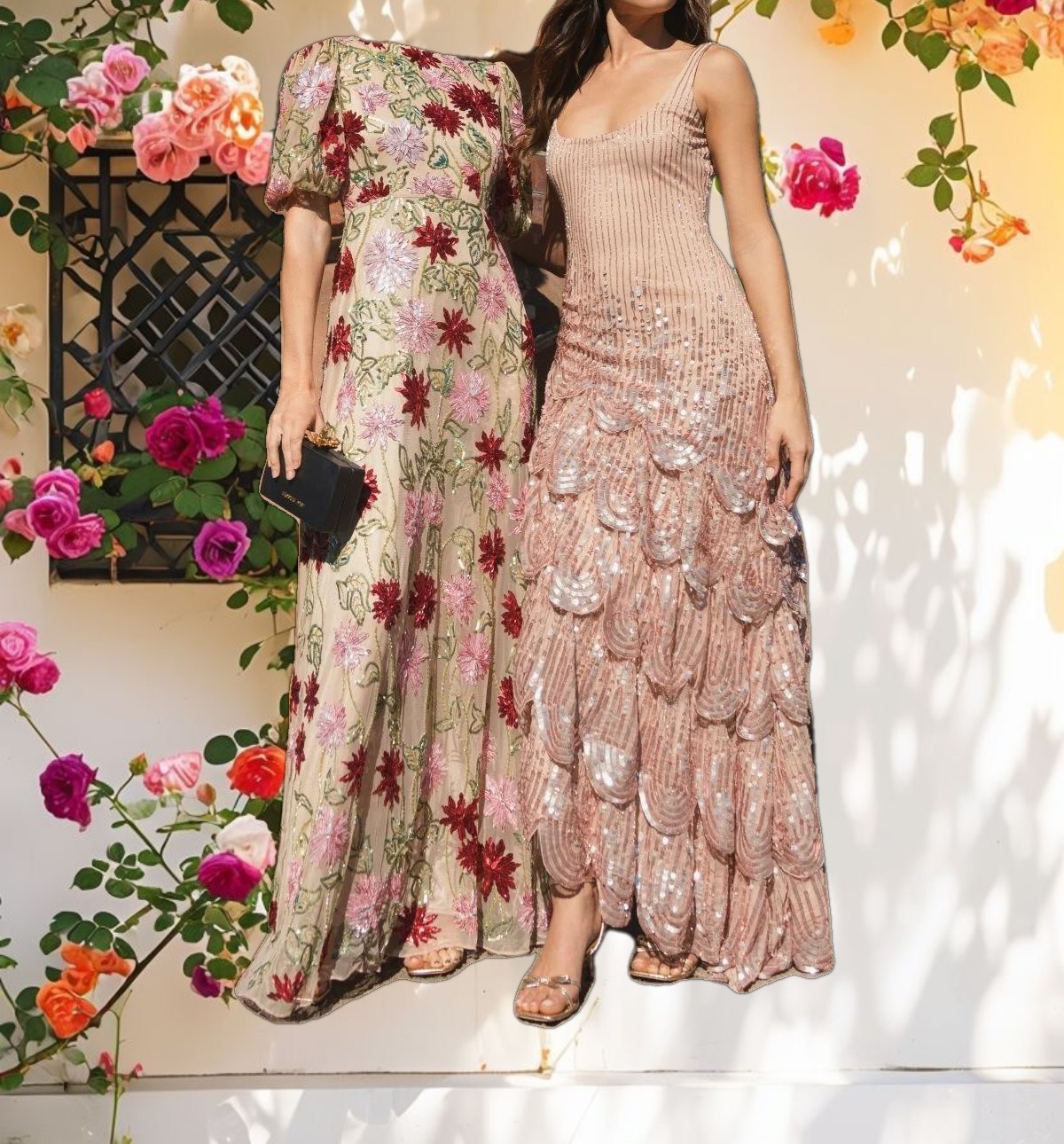 Beige Floral Beaded Mesh Puff Sleeve Gown