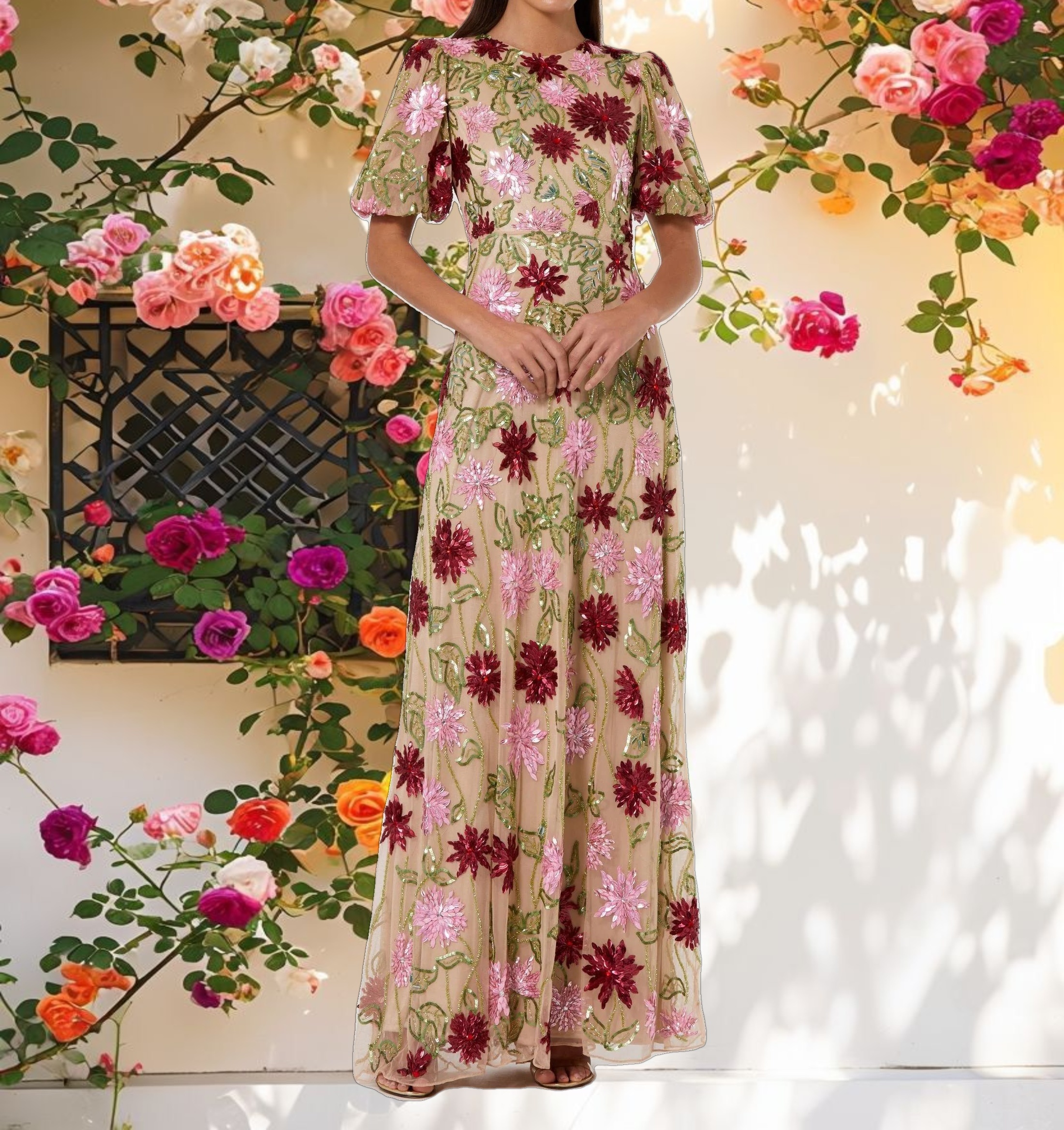 Beige Floral Beaded Mesh Puff Sleeve Gown