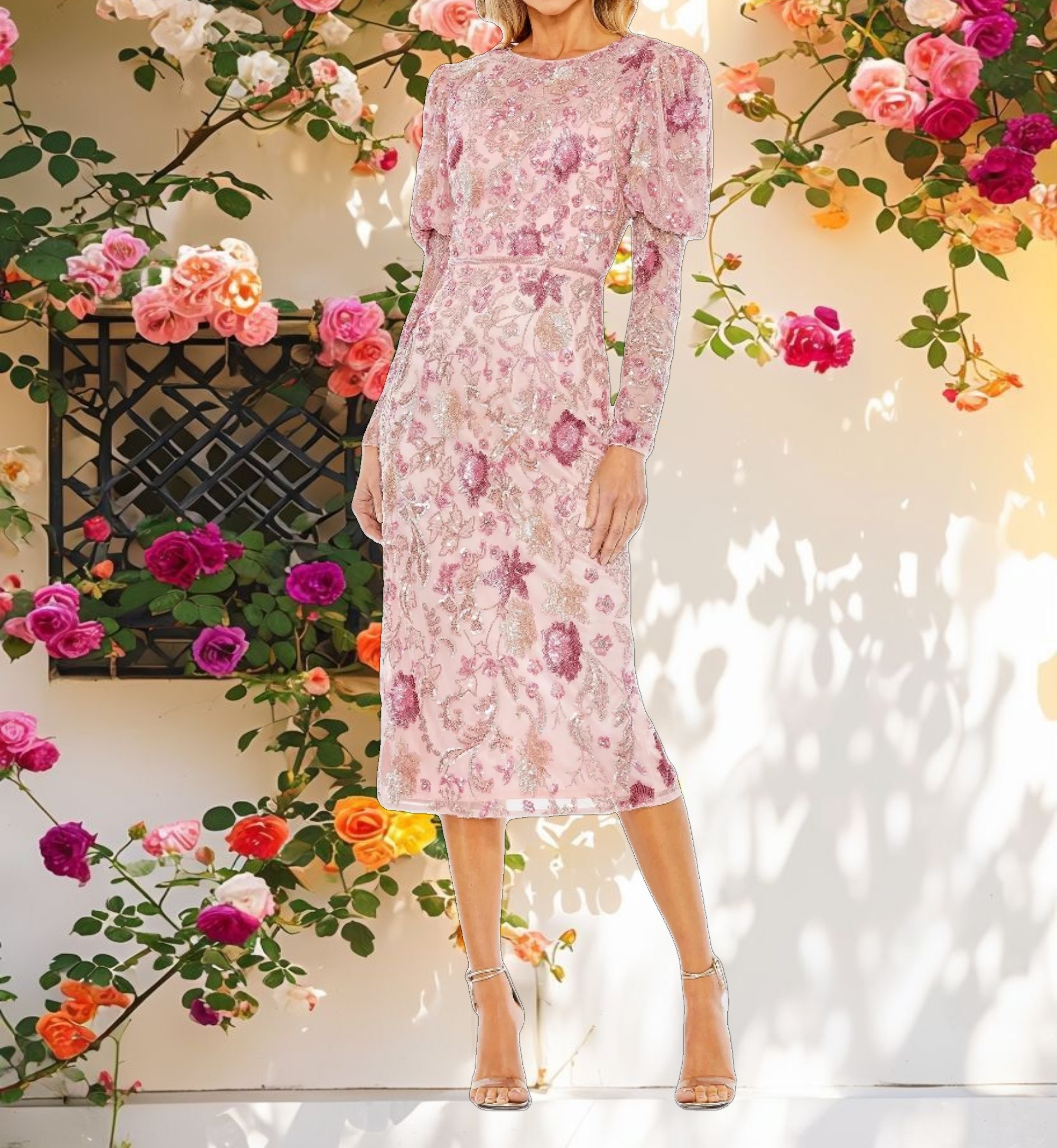 Floral Embellished Puff Sleeve Dress