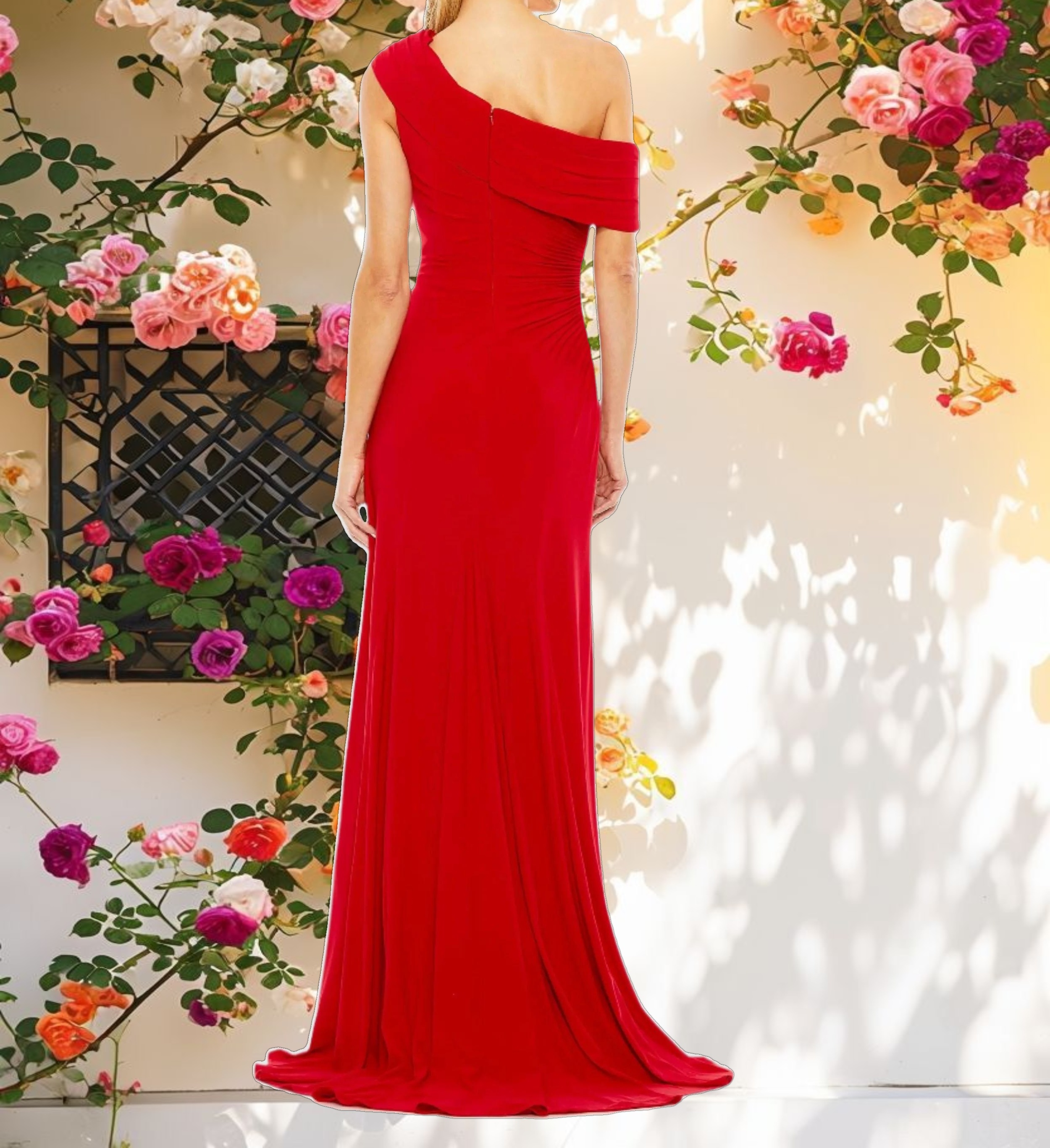 Red Foldover Off-the-Shoulder Slit Gown
