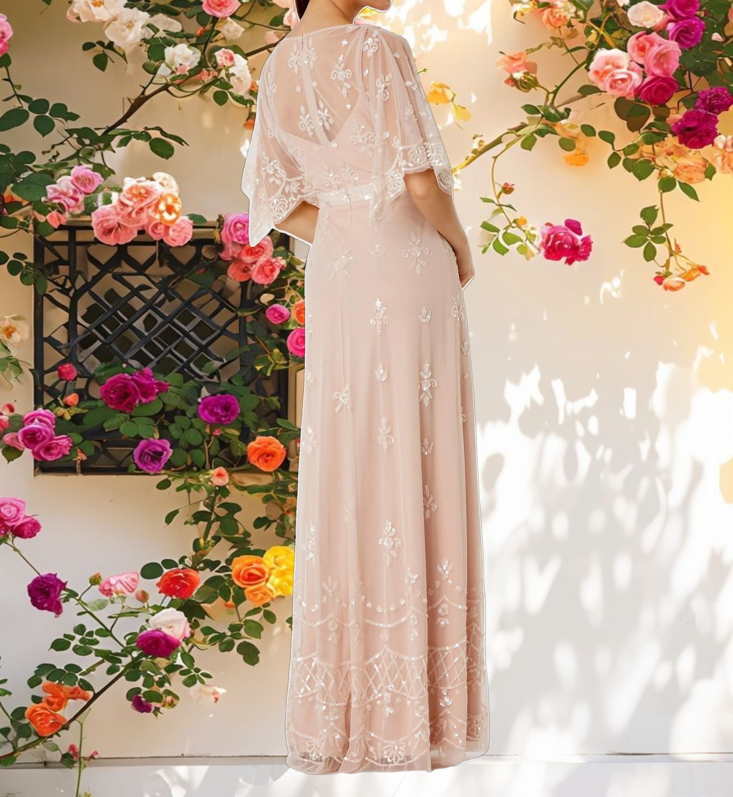 Pink V Neck Flounce Sleeve Embellished Mesh Gown