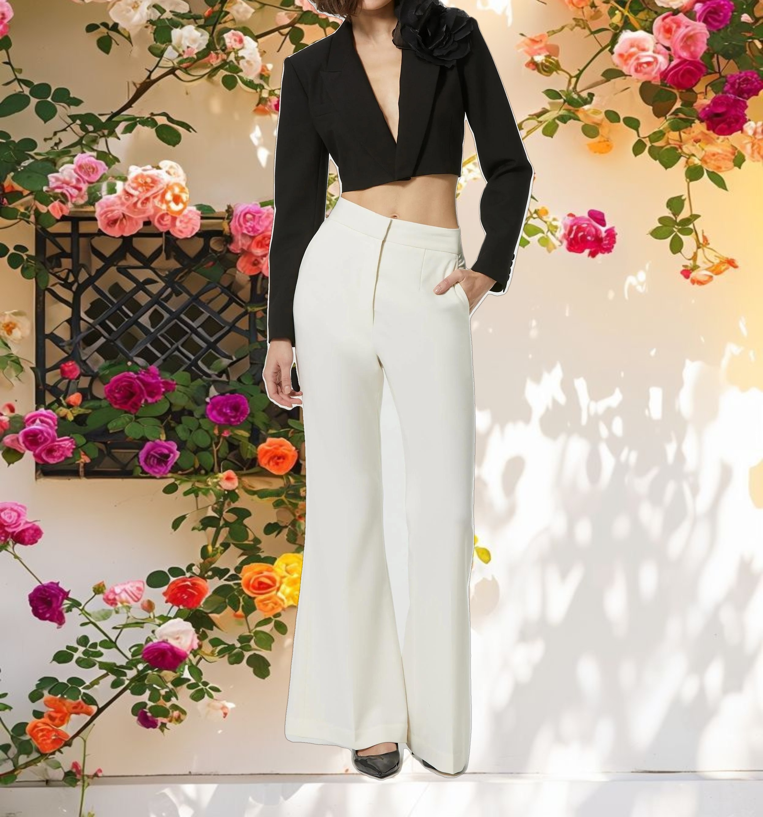 Notch Collar Crepe Cropped Tailored Blazer Jacket with 3D Flower