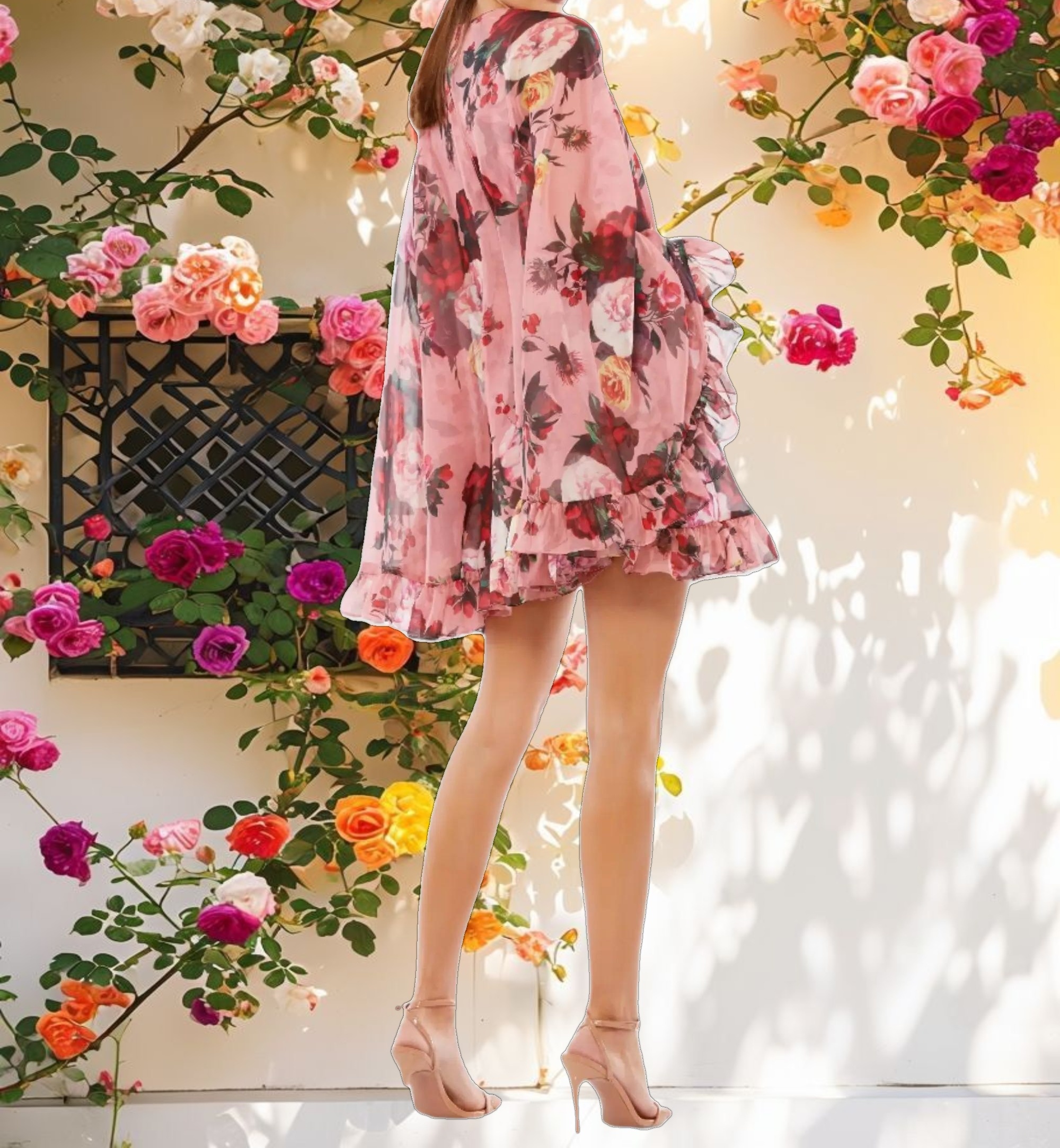 Multicolor Floral Print High Neck Ruffle Hem Cape Mini Dress