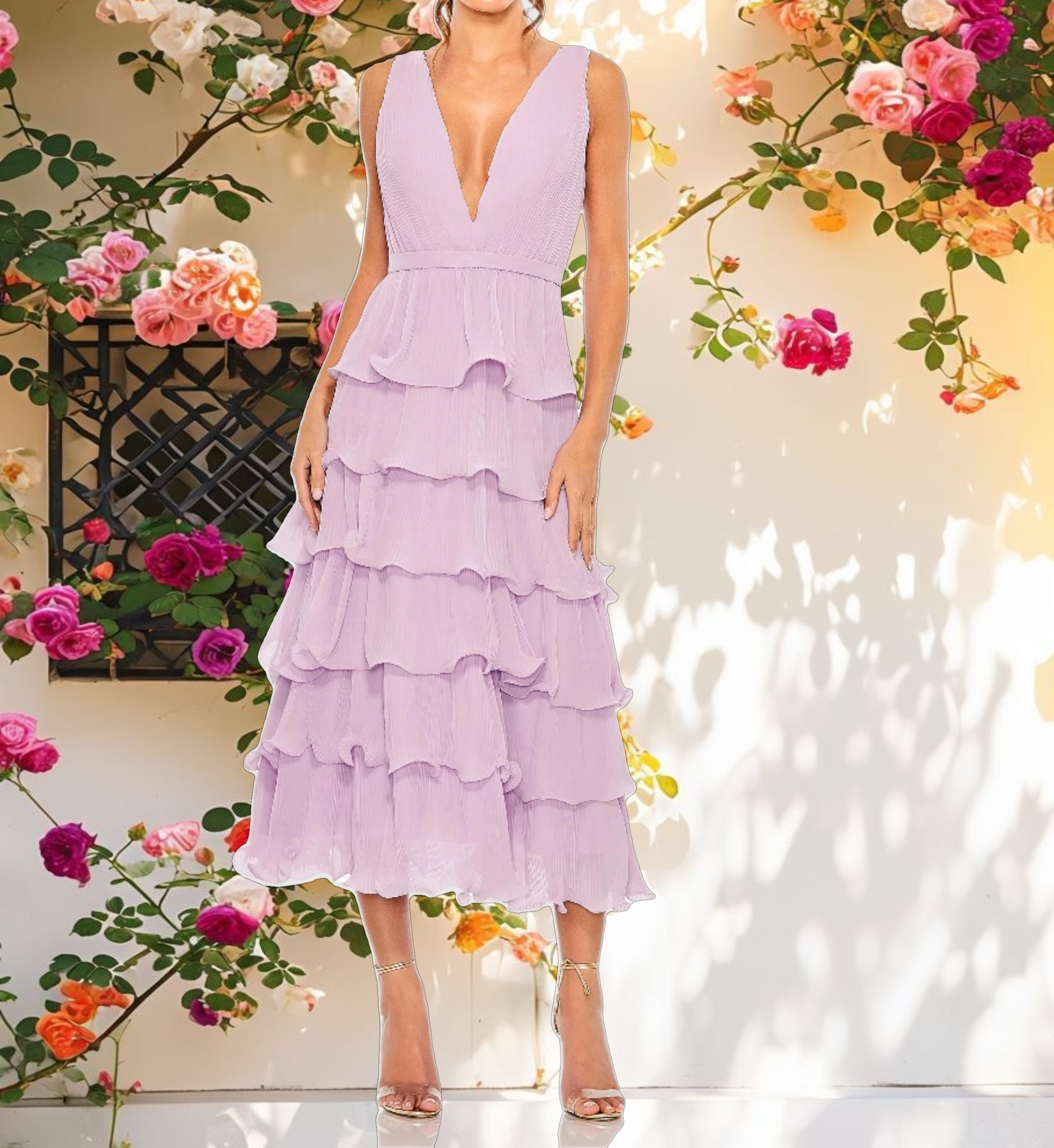 Purple Deep V Chiffon Sleeveless Ruffle Midi Dress