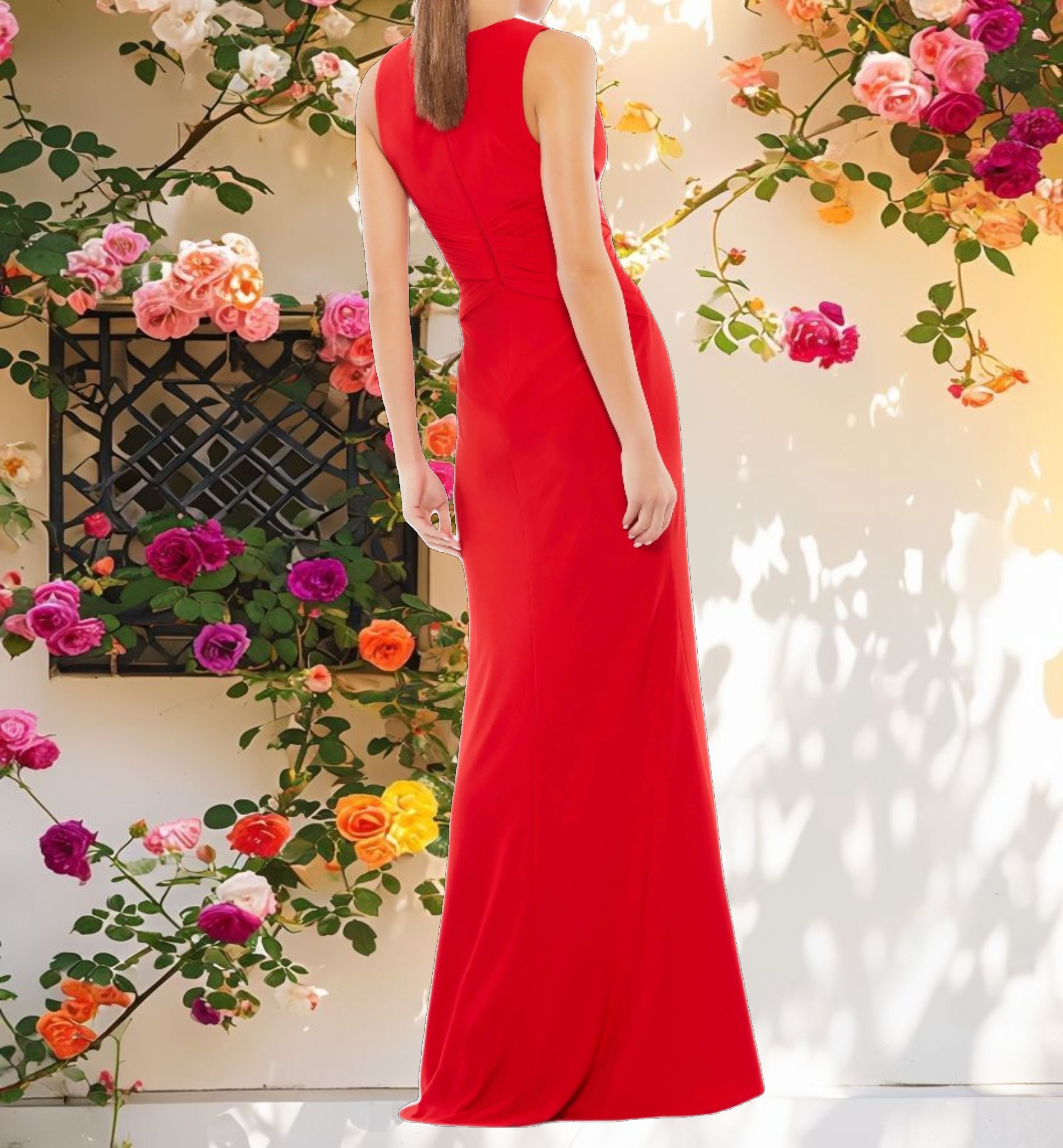 Red Pleated Bodice Jersey Column Gown