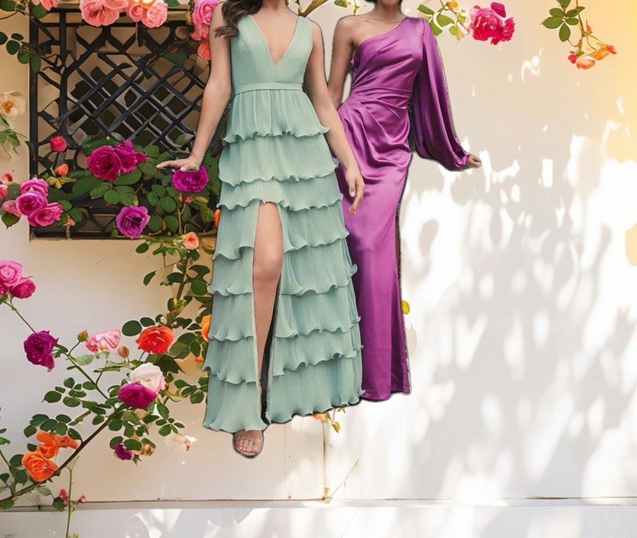 Purple Satin Puff Sleeve Gown