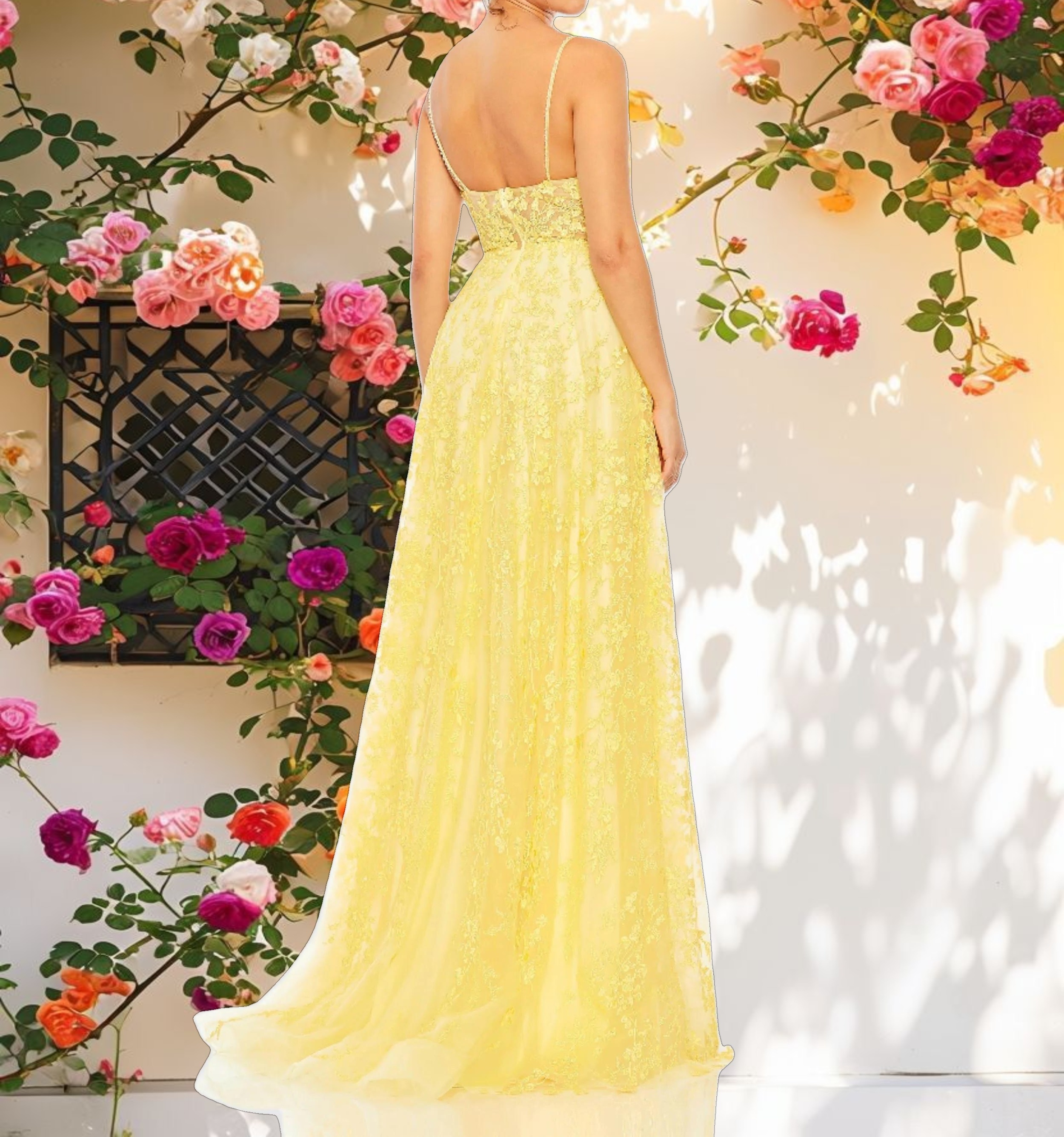 Yellow Floral Applique Cami A Line Gown