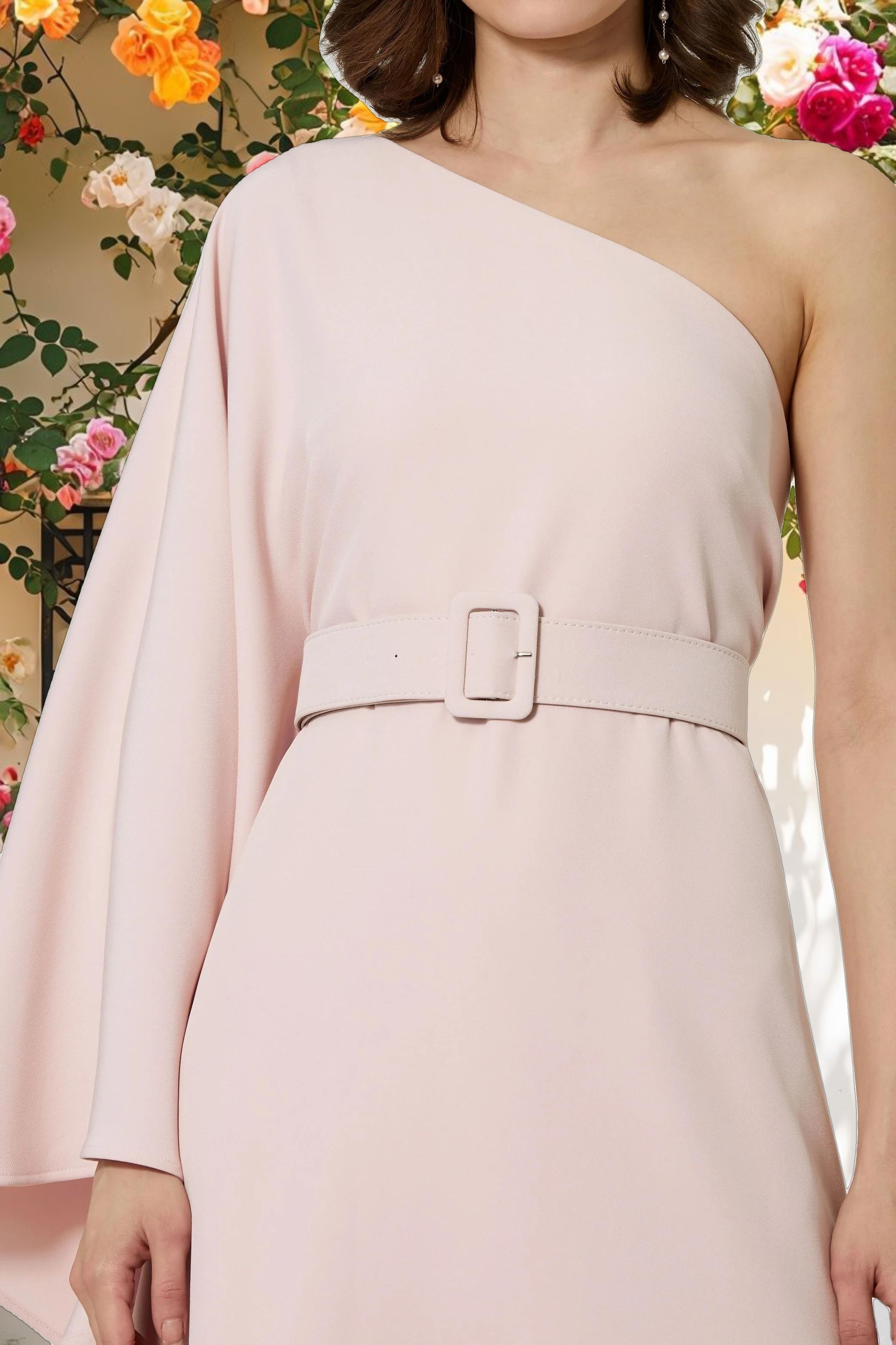 Pink Crepe One Sleeve Belted Kaftan Dress