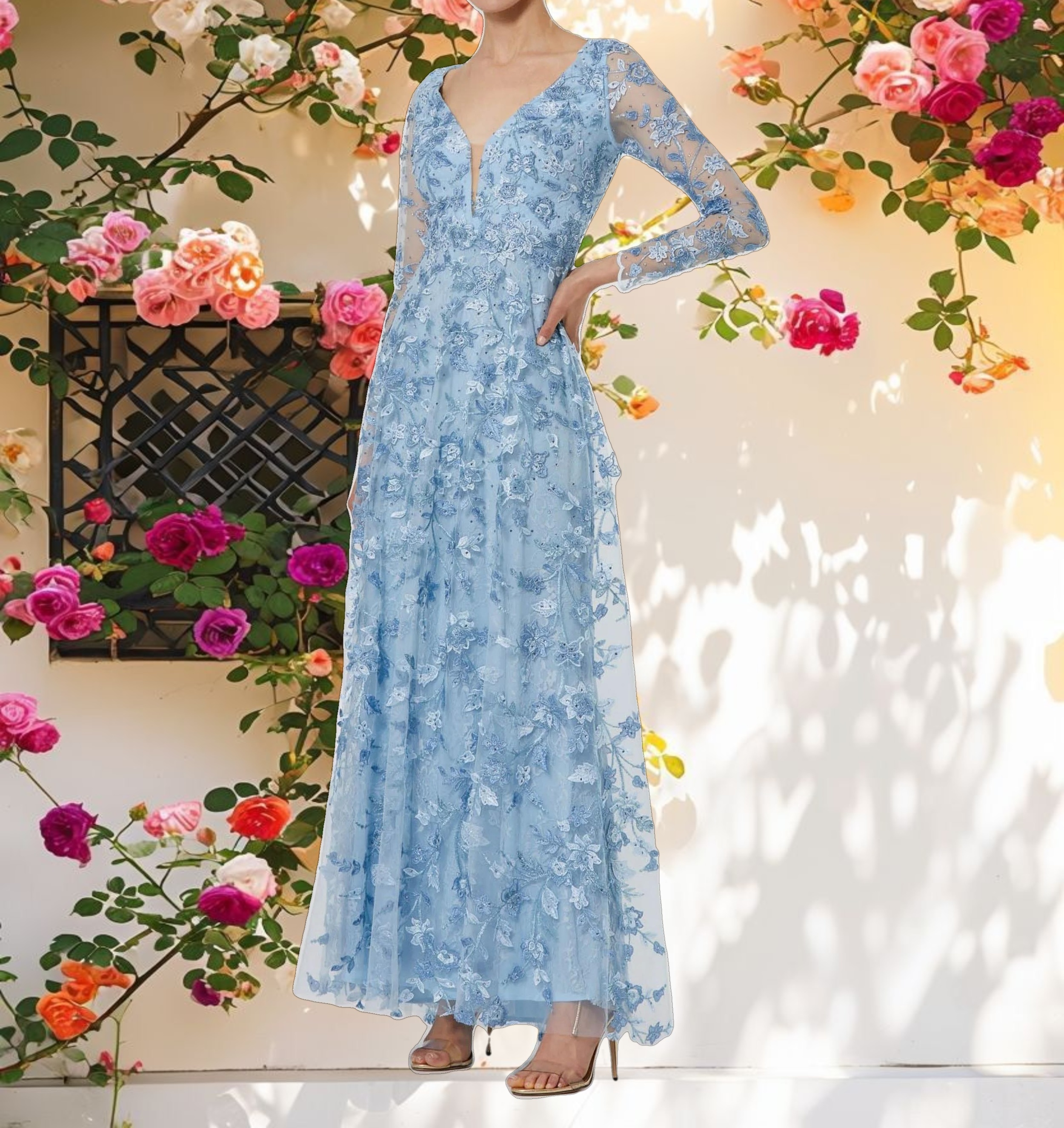 Blue Floral Applique Long Sleeve Illusion Gown