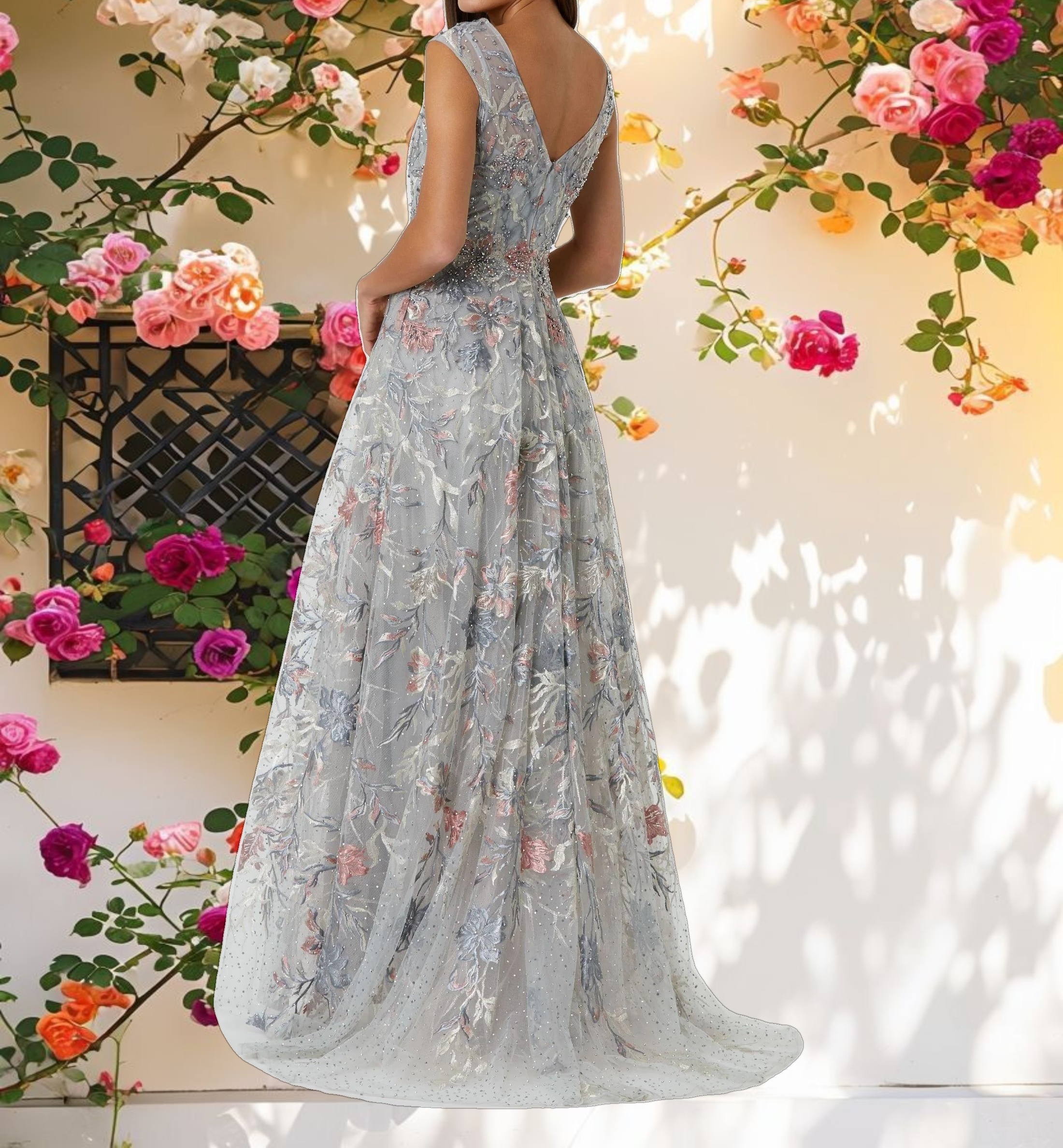 Gray Embroidered Illusion Cap Sleeve A Line Gown