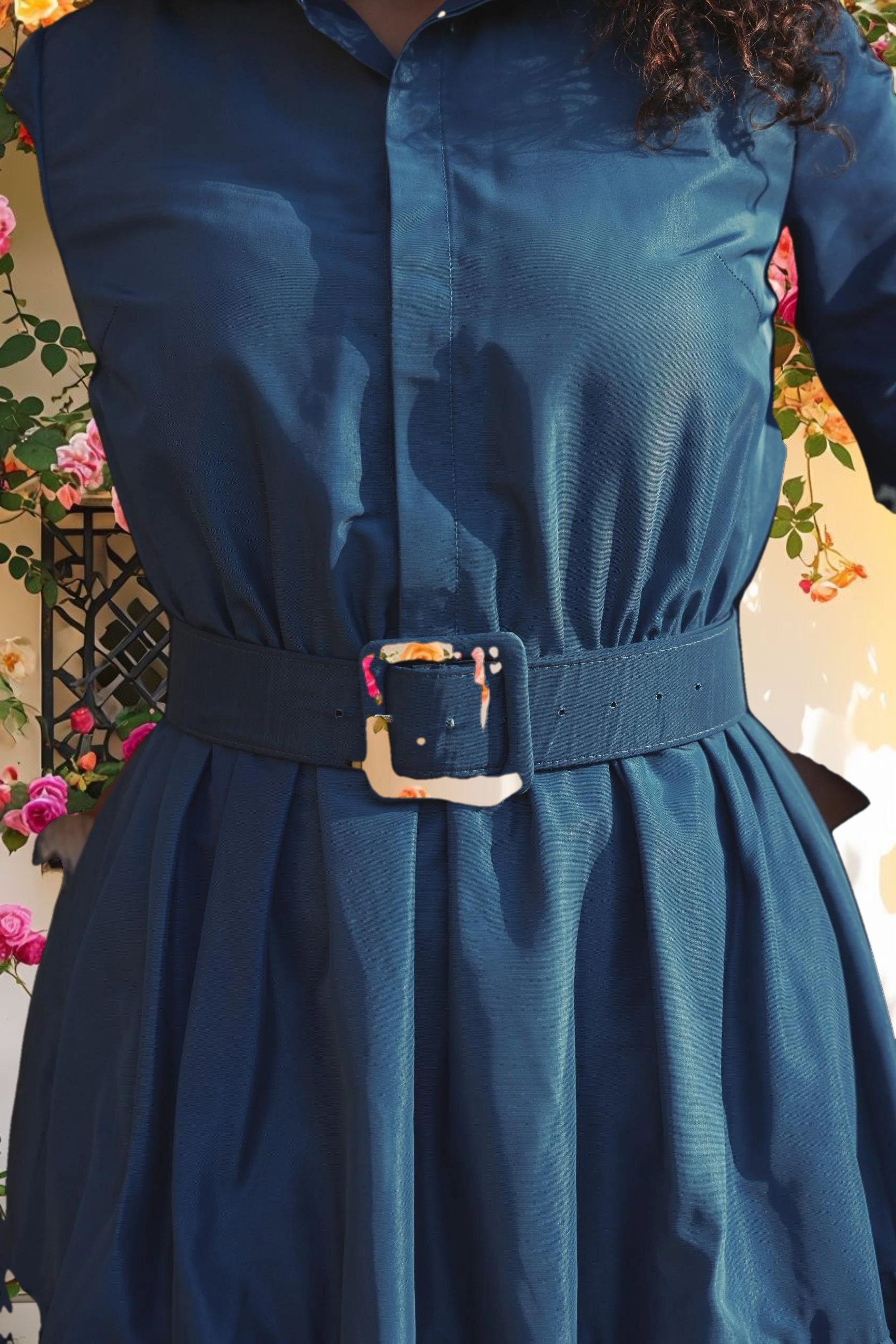 Blue Faille Long Sleeve Collared Midi Dress With Belt