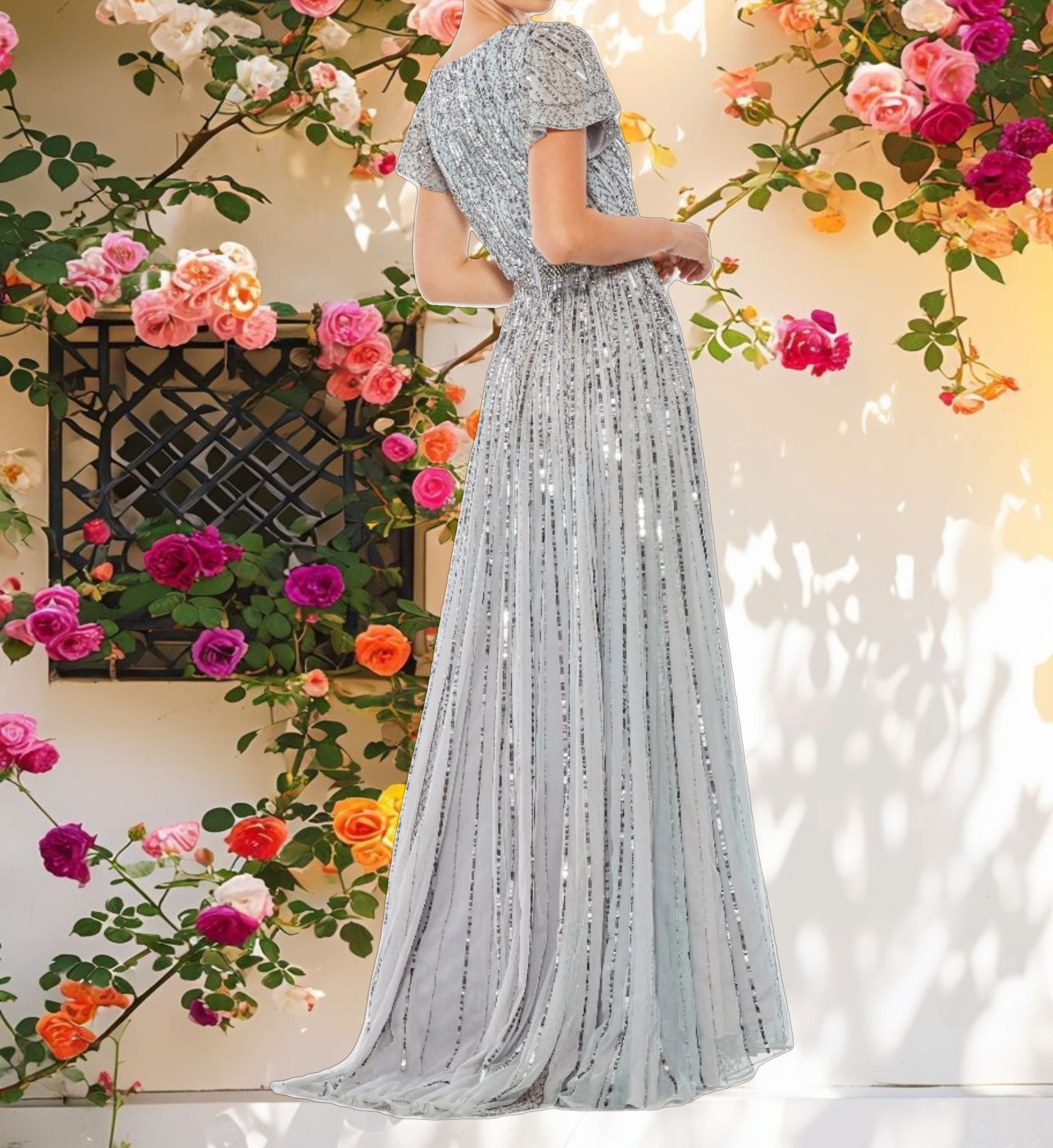 Blue Stripe Sequin V Neck Gown