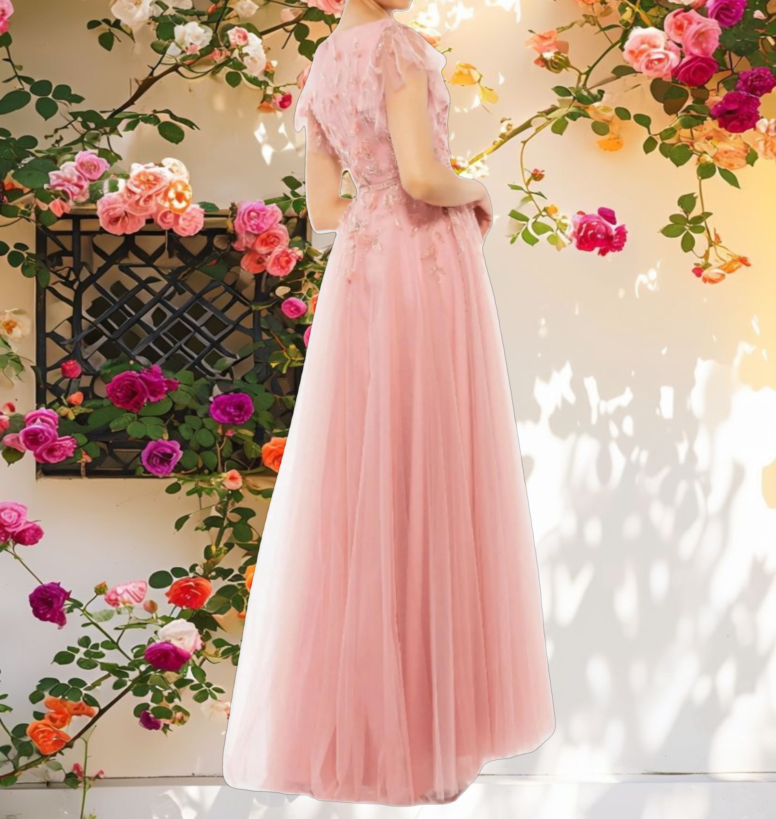 Pink Decorated Cap Sleeve V Neck Dress