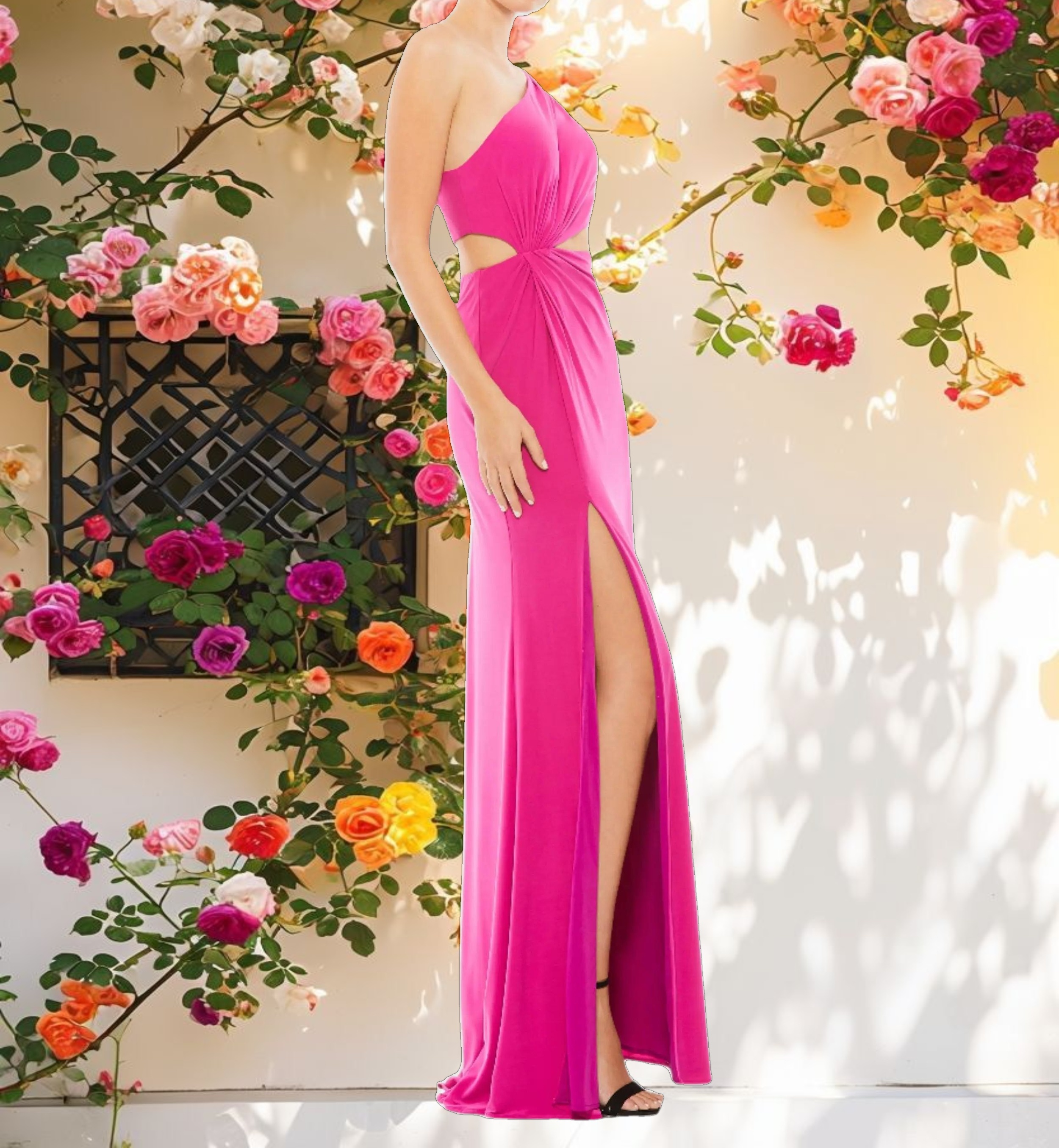 Pink One Shoulder Ruched Cut Out Jersey Gown