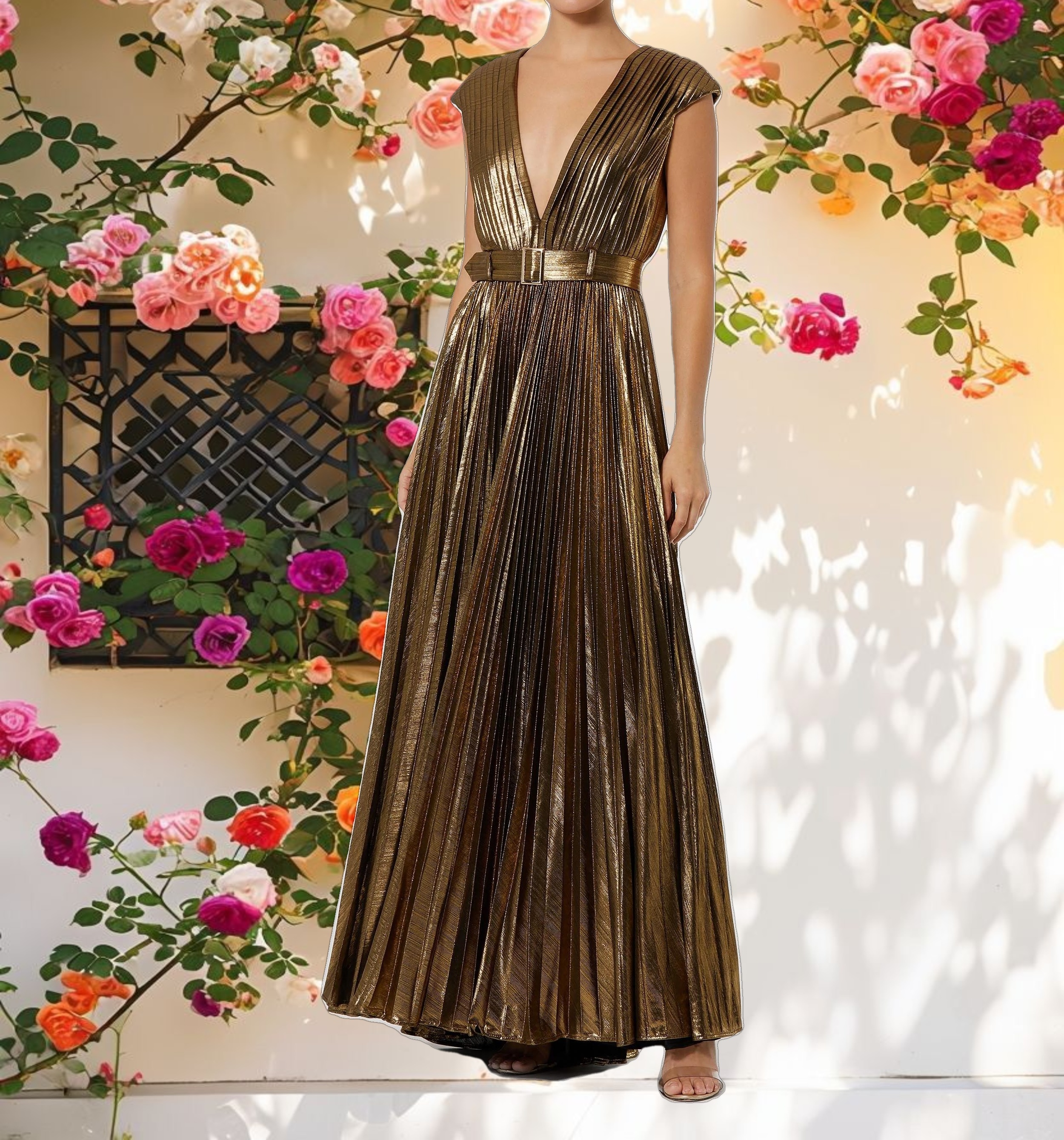 Pleated Metallic Jersey Gown With Belt