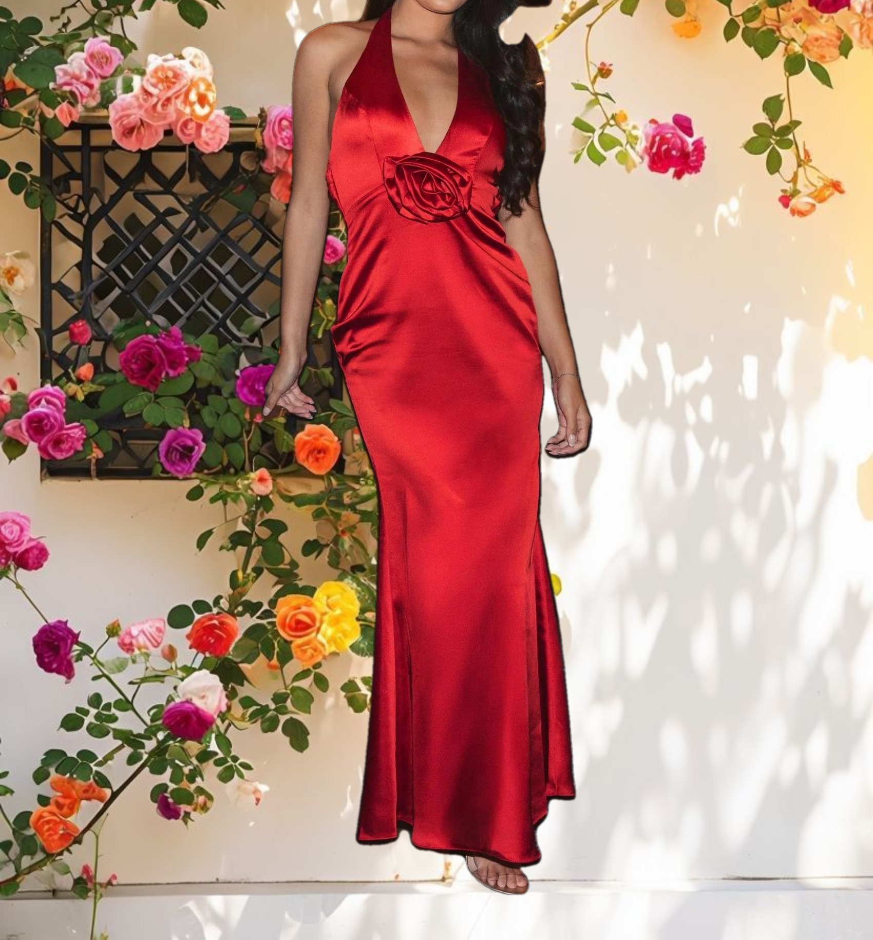 Red Fitted Satin Sleeveless Halter Gown With 3D Flower