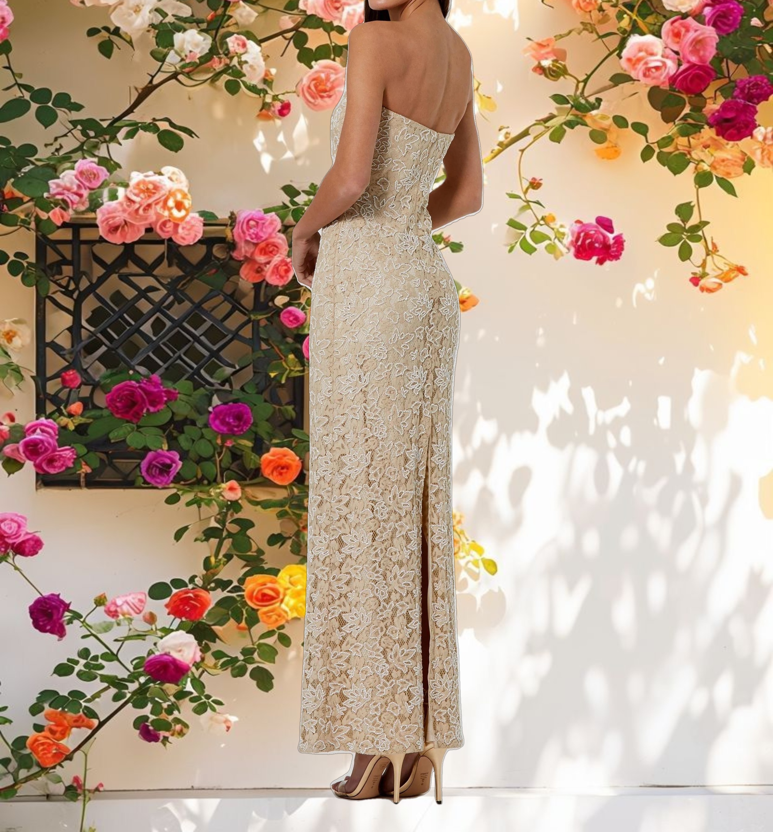 Beige Strapless Beaded Lace Fitted Column Gown