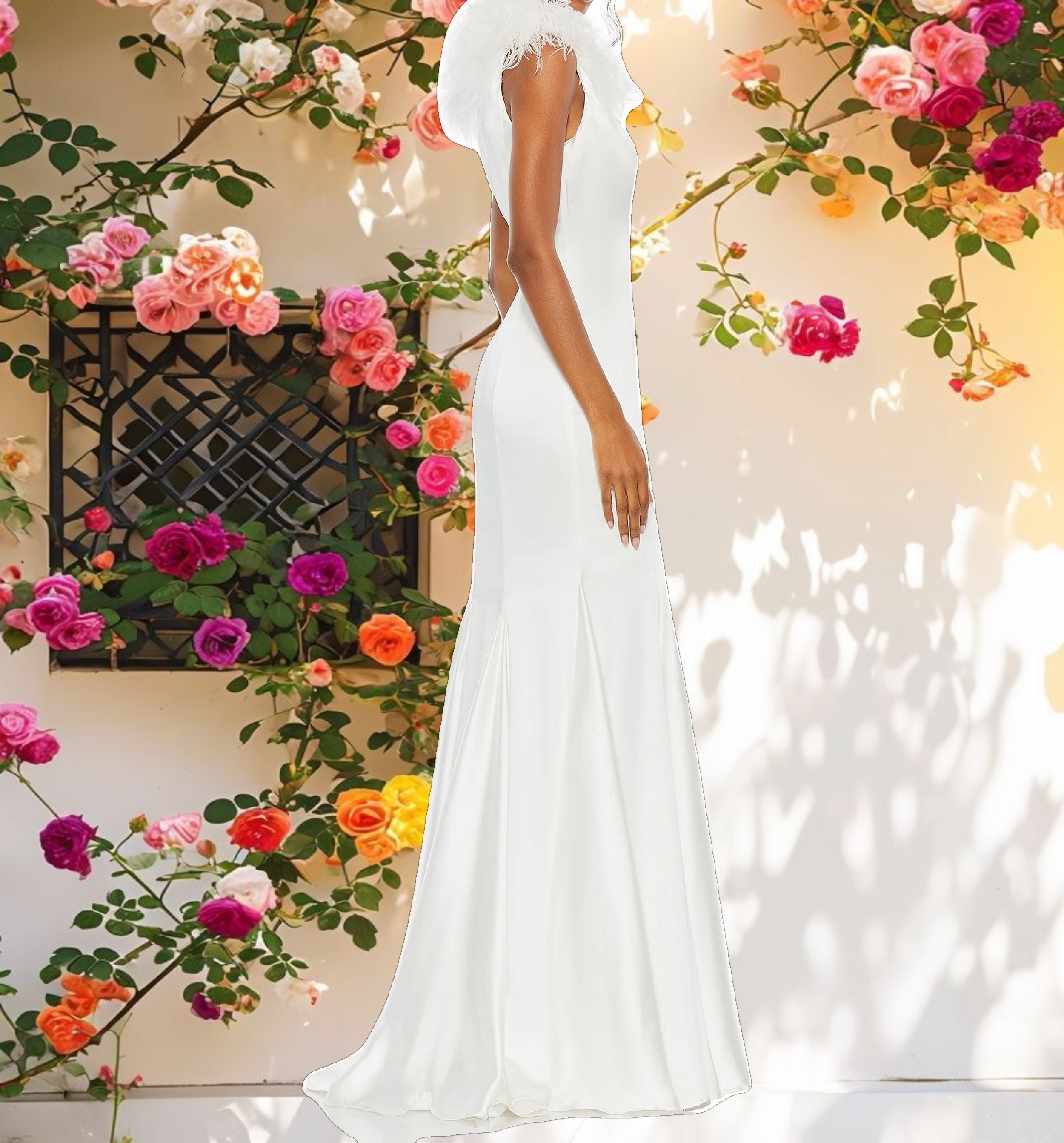 White Feather Shoulder V Neck Gown