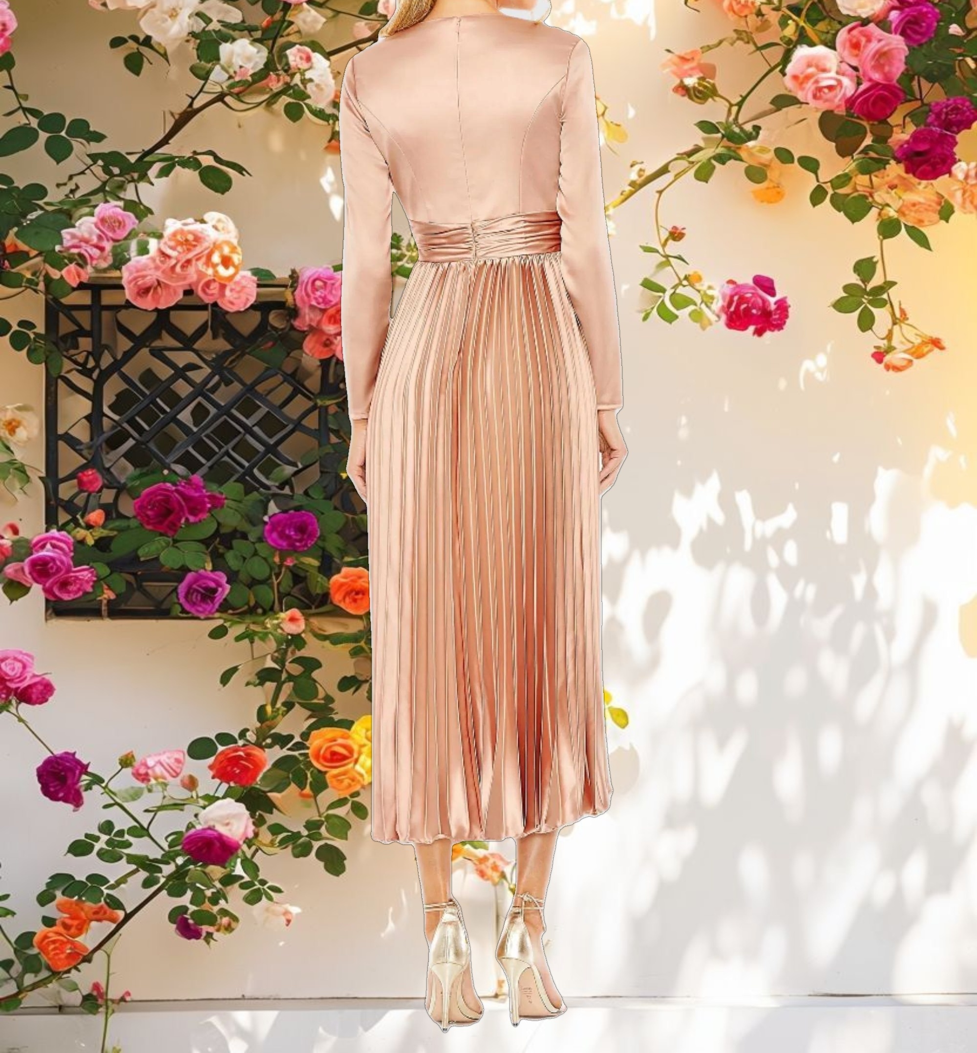 Pleated Long Sleeve V Neck Dress