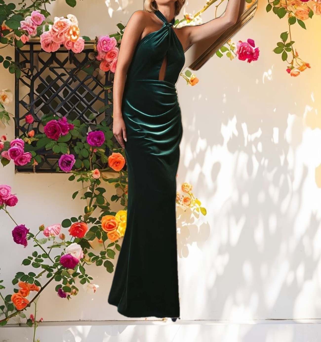 Green Twist Neck Open Front Velvet Draped Gown