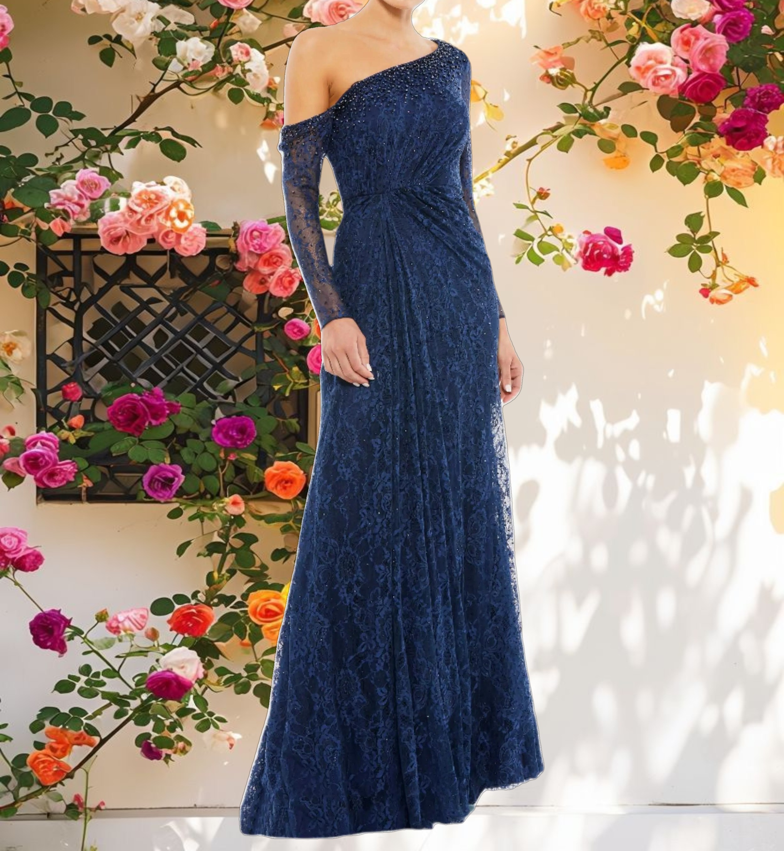 Draped Jewel Encrusted Lace Drop Shoulder Gown