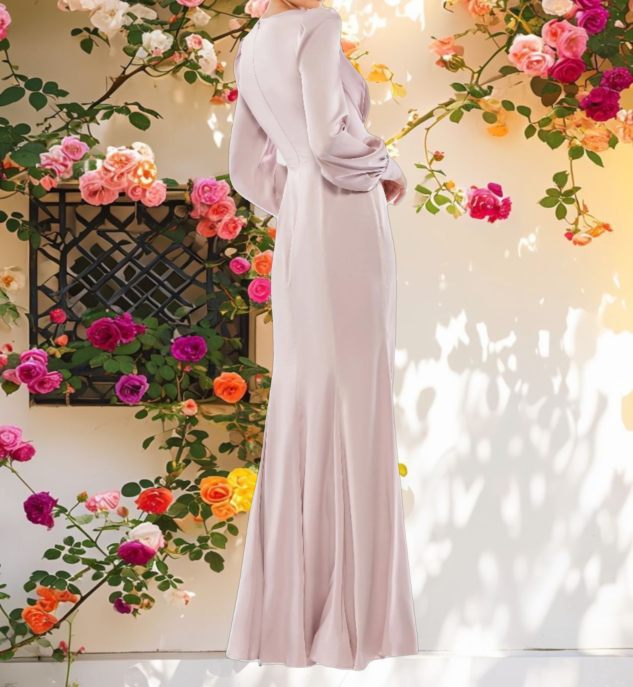 Pink Satin Ruched Bishop Sleeve Gown