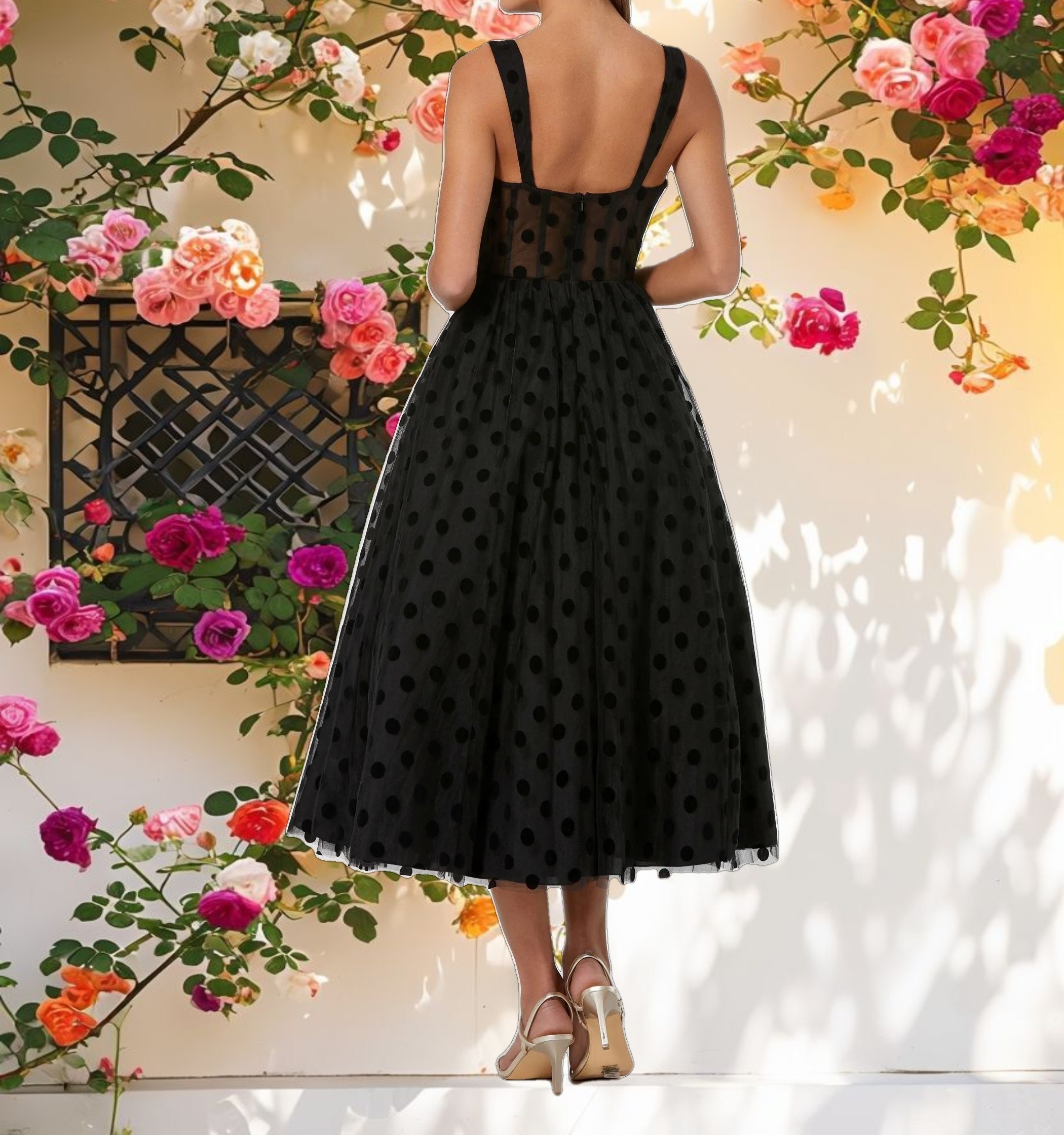 Polka Dot Net Bustier A Line Midi Dress