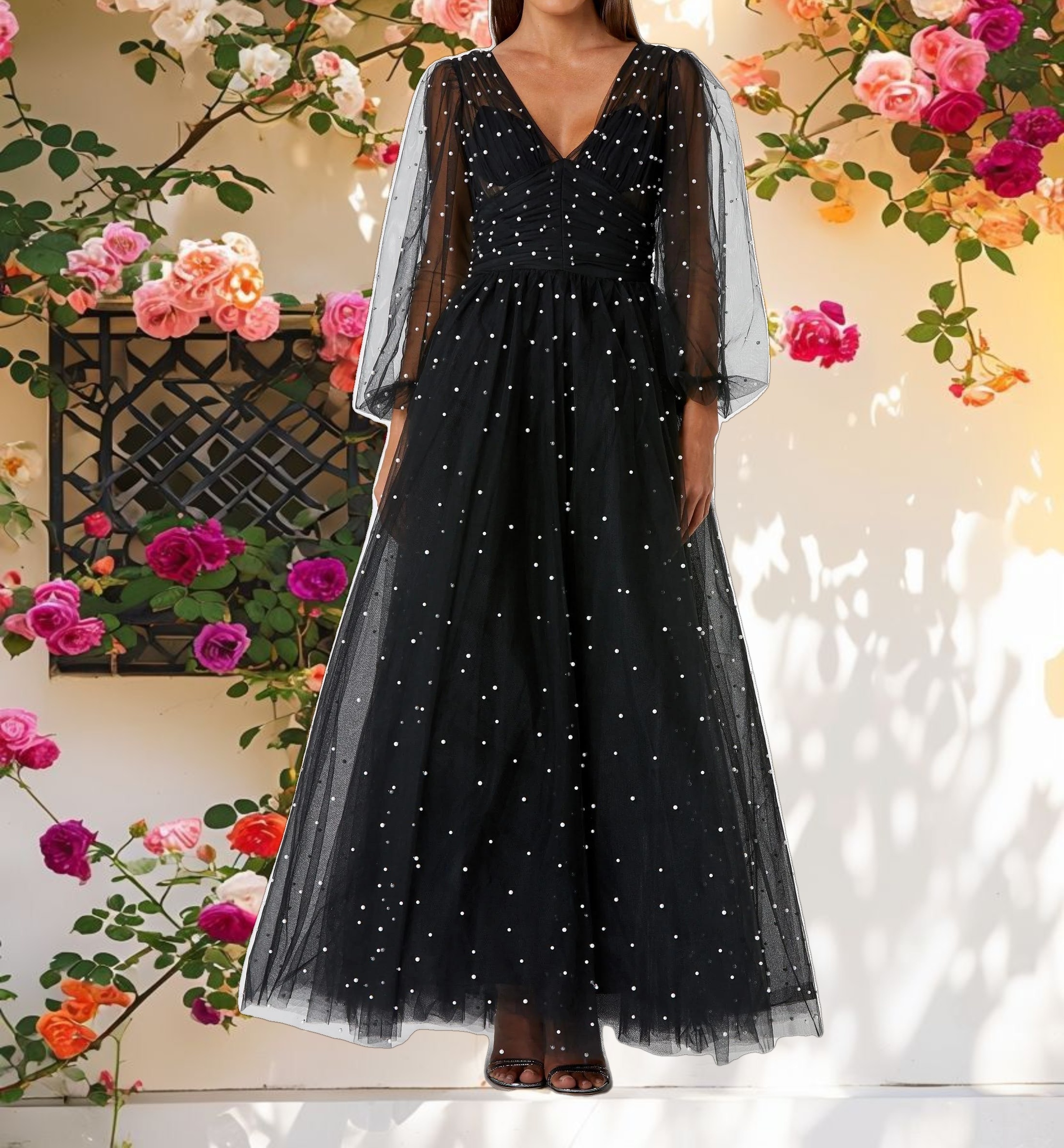 Long Sheer Sleeve Draped Pearl Beaded Gown