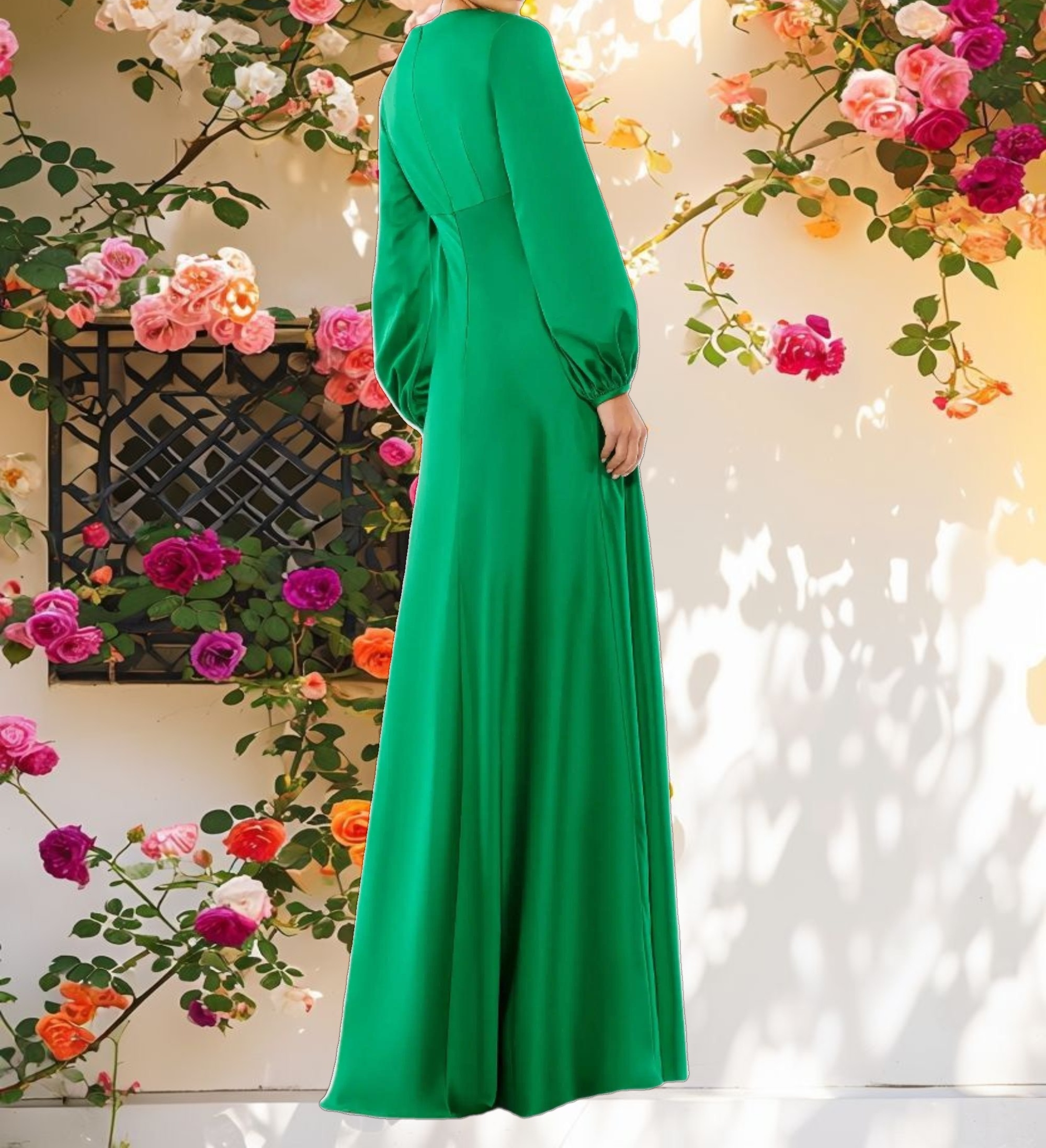 Green Charmeuse Empire Waist Blouson Sleeve Gown