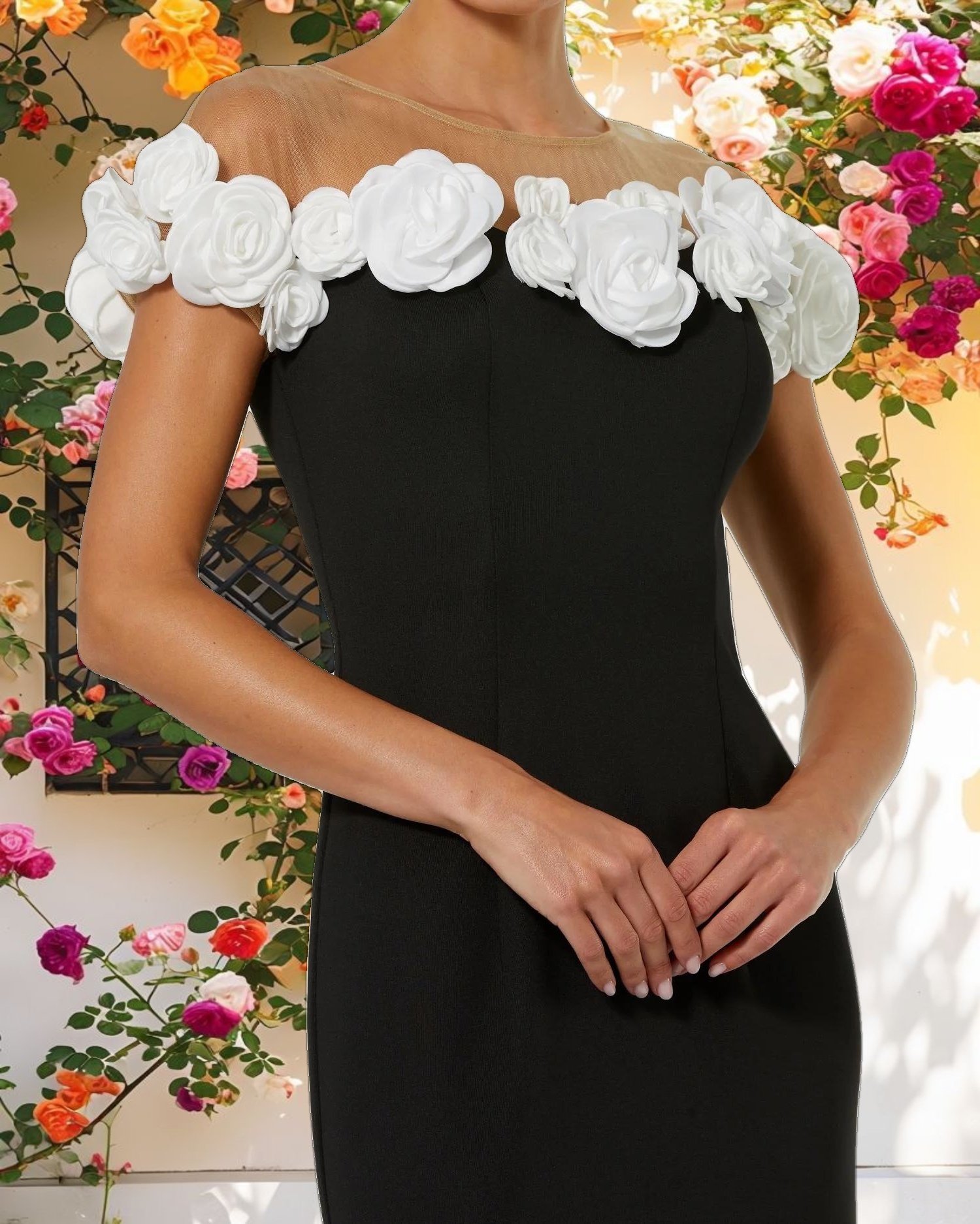 Black and White Stretch Crepe Mermaid Gown With 3D Flowers