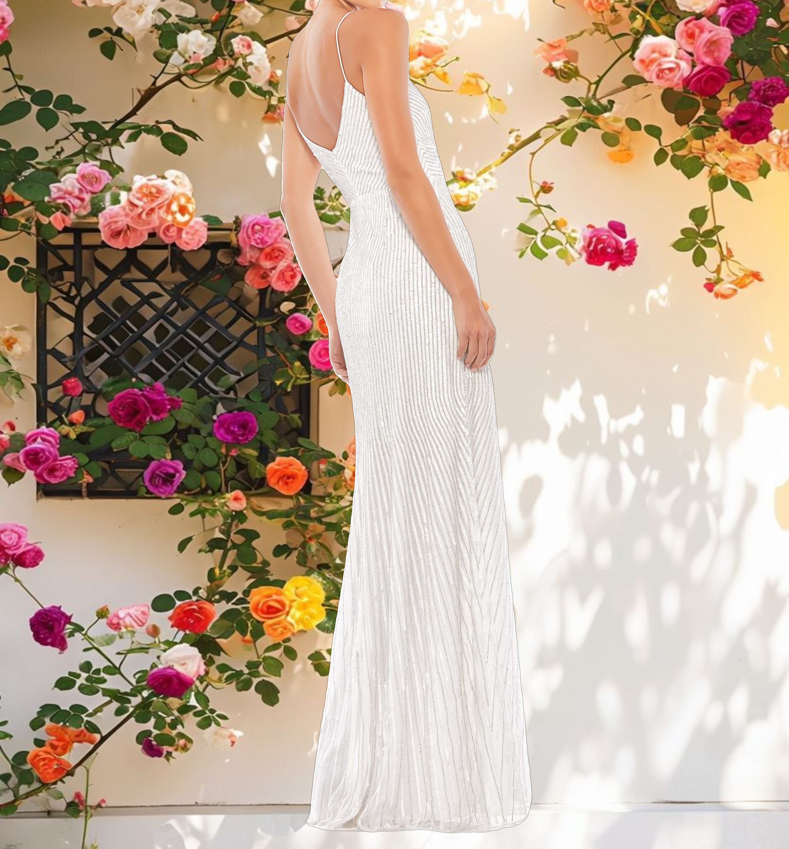 White Sequin Spaghetti Strap Gown