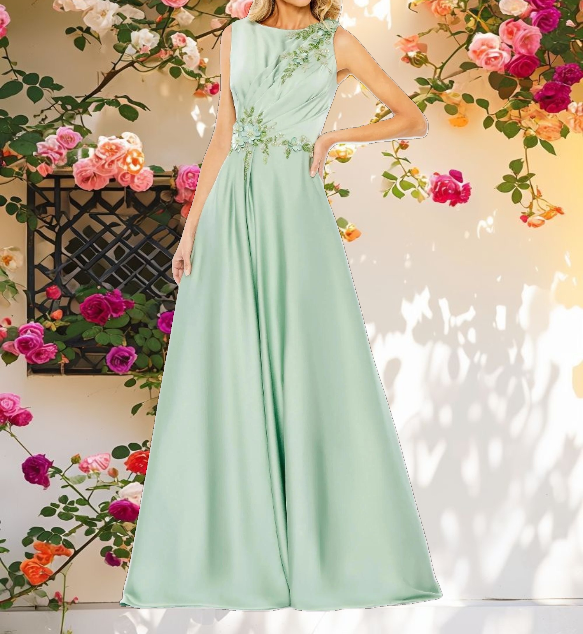 Green Floral Applique Sleeveless A Line Gown