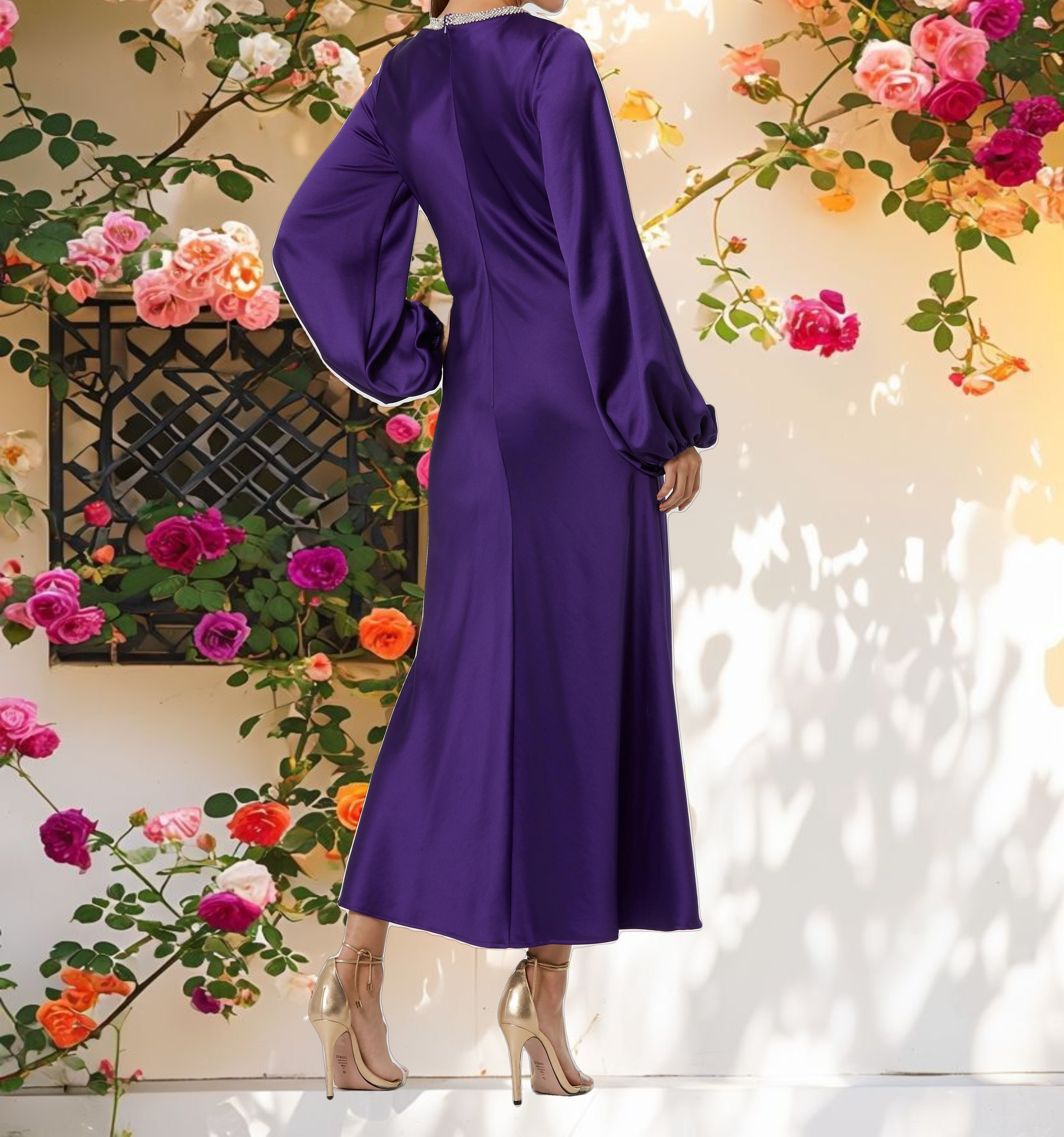 Purple High Neck Long Sleeve Crystal Detail Dress
