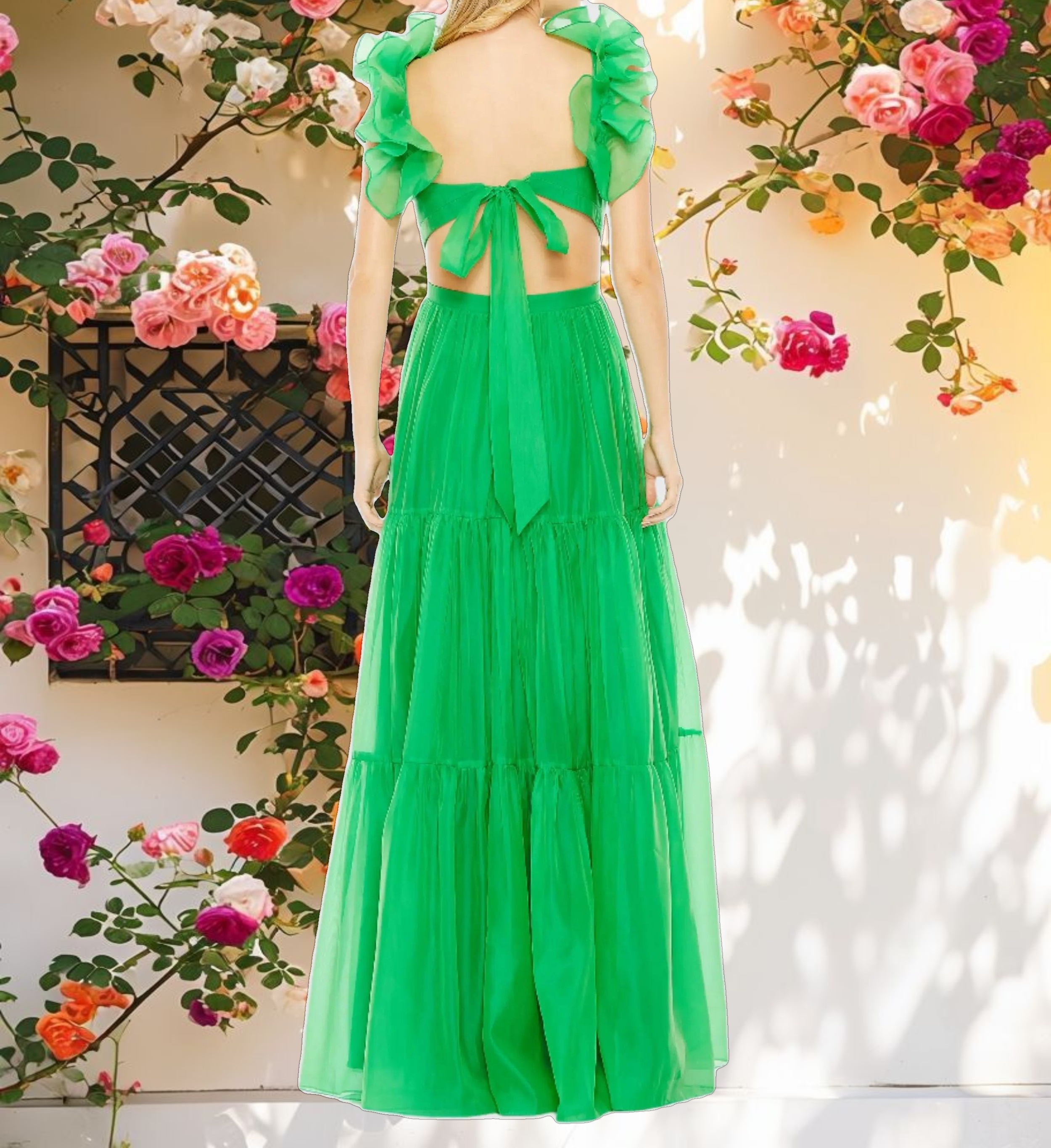 Green Ruffled Shoulder Cut Out Soft Tie Back Tiered Gown